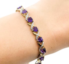 Romantic 10k Yellow Gold Amethyst & Diamond Heart Link Bracelet