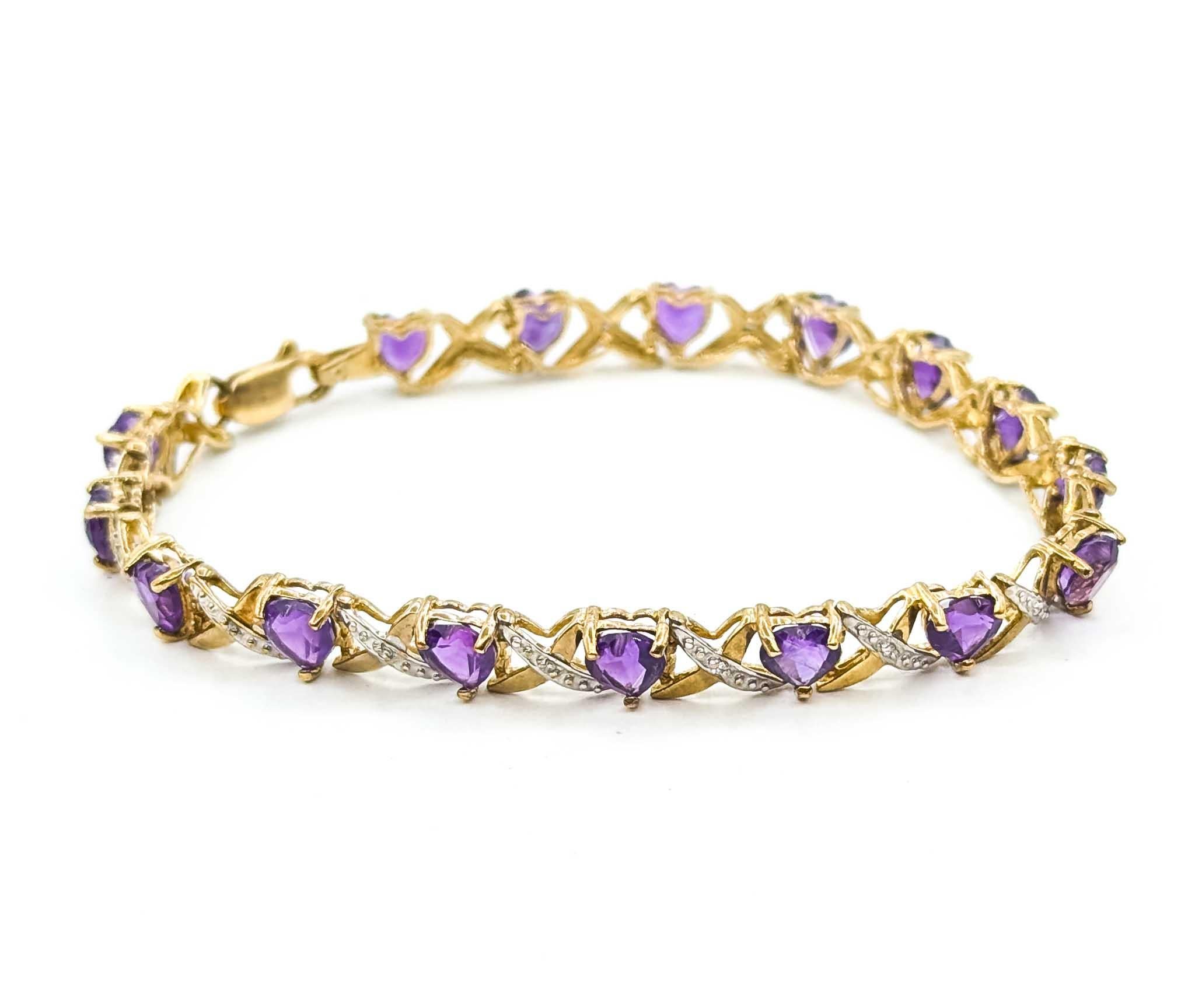 Bracelet romantique en or jaune 10k à maillons en forme de coeur avec améthyste et diamant Excellent état - En vente à Bloomington, MN