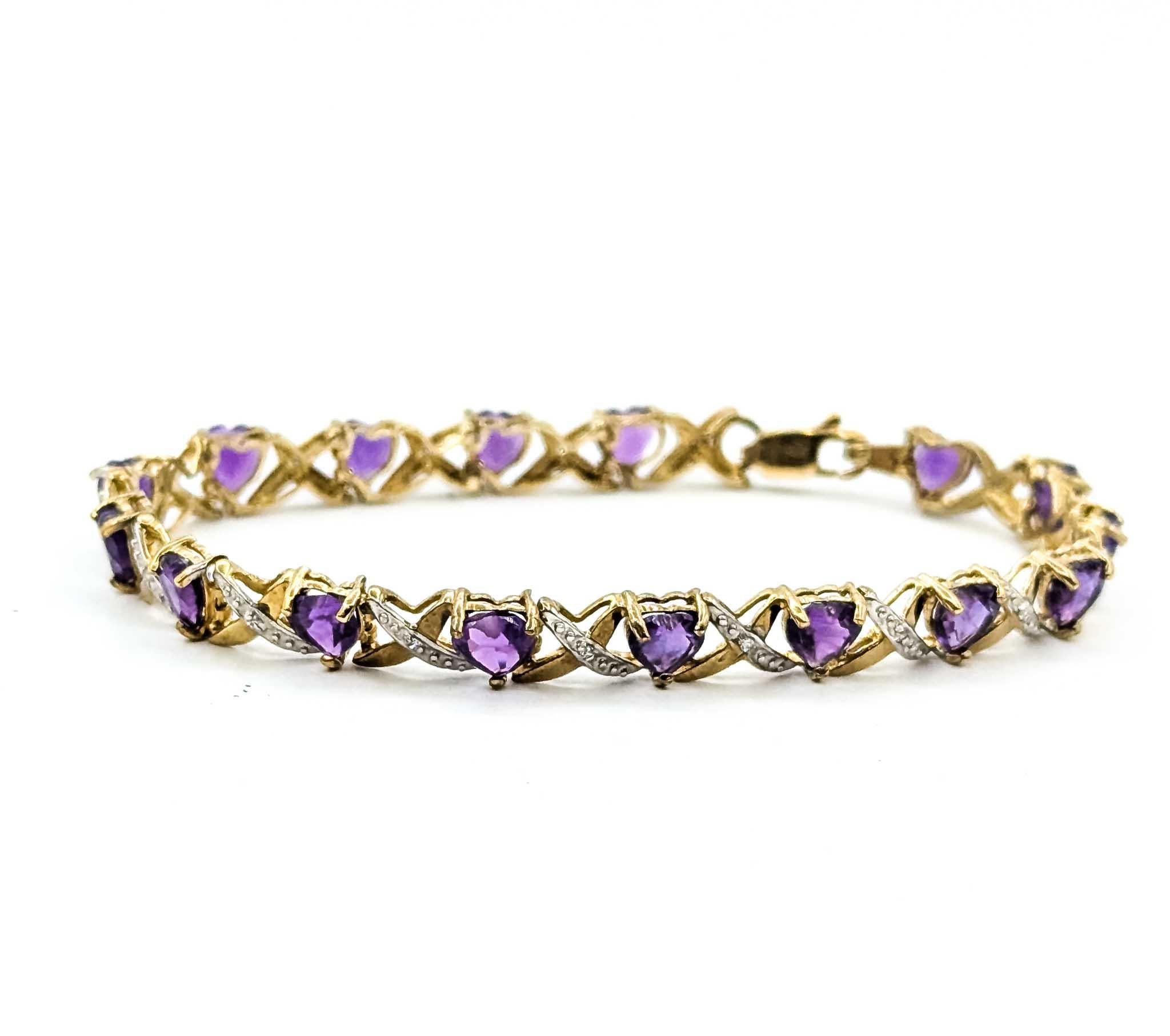 Bracelet romantique en or jaune 10k à maillons en forme de coeur avec améthyste et diamant Pour femmes en vente