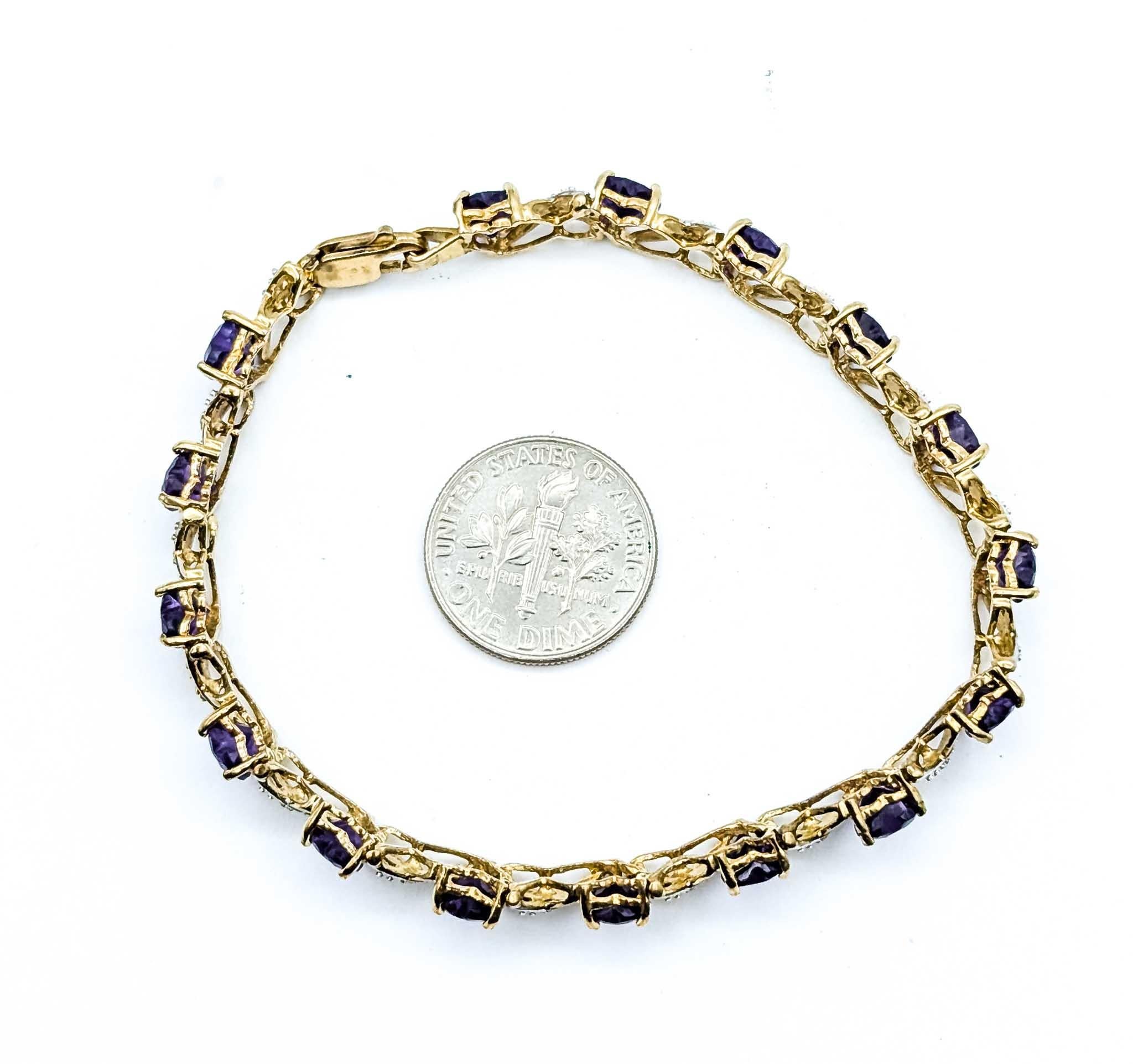 Bracelet romantique en or jaune 10k à maillons en forme de coeur avec améthyste et diamant en vente 2