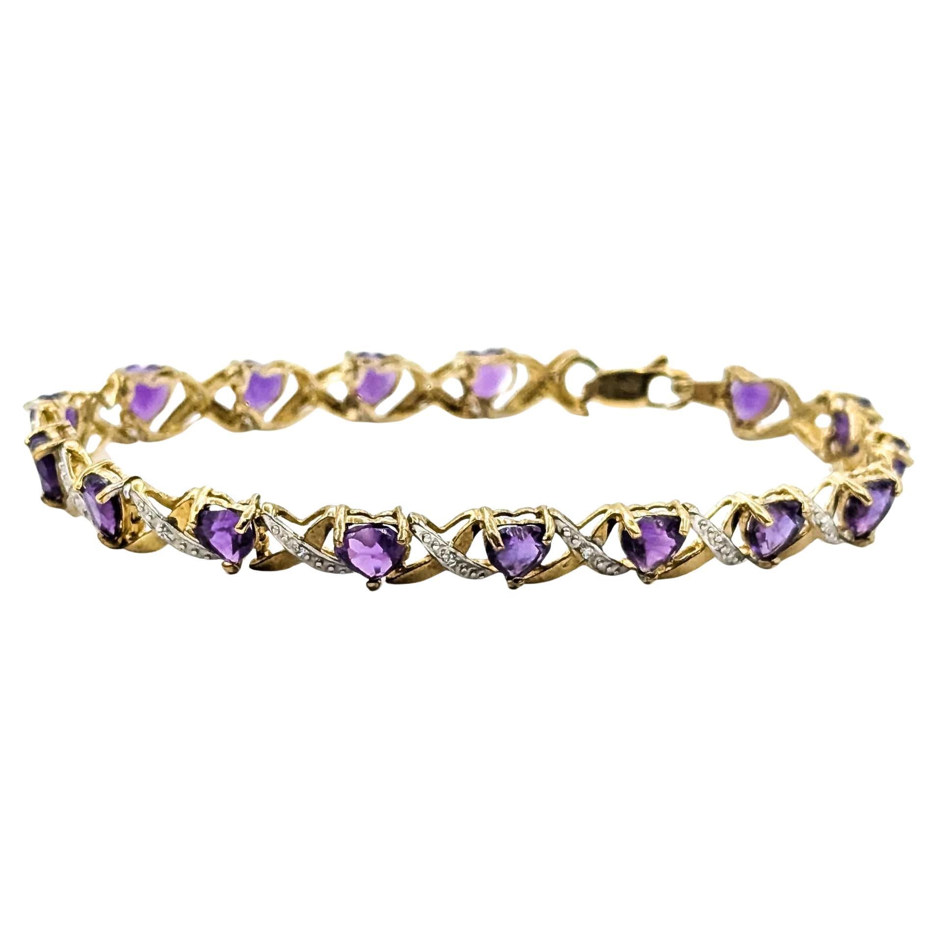 Bracelet romantique en or jaune 10k à maillons en forme de coeur avec améthyste et diamant en vente