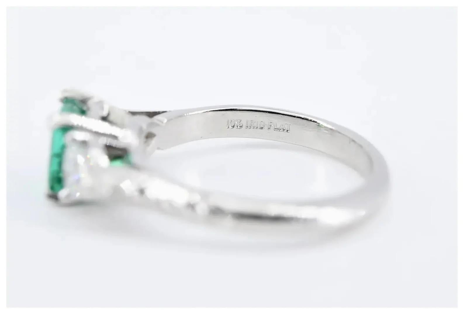 Emerald Cut Romantic 1.42 CTW Emerald & Heart Shaped Diamond Three Stone Ring, Platinum For Sale