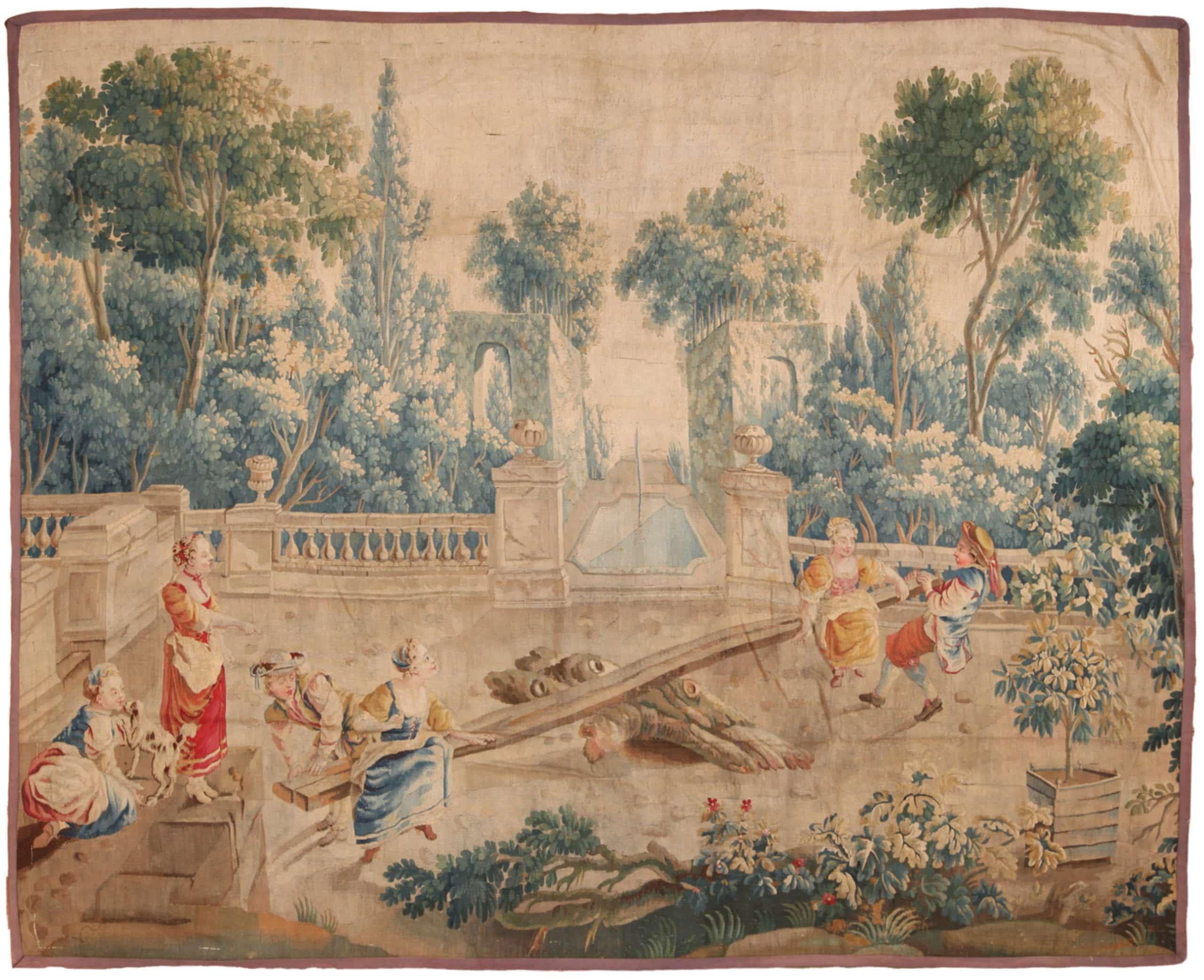 18th Century and Earlier Romantic 17th Century Wool and Silk Antique Wall French Tapestry 8'1