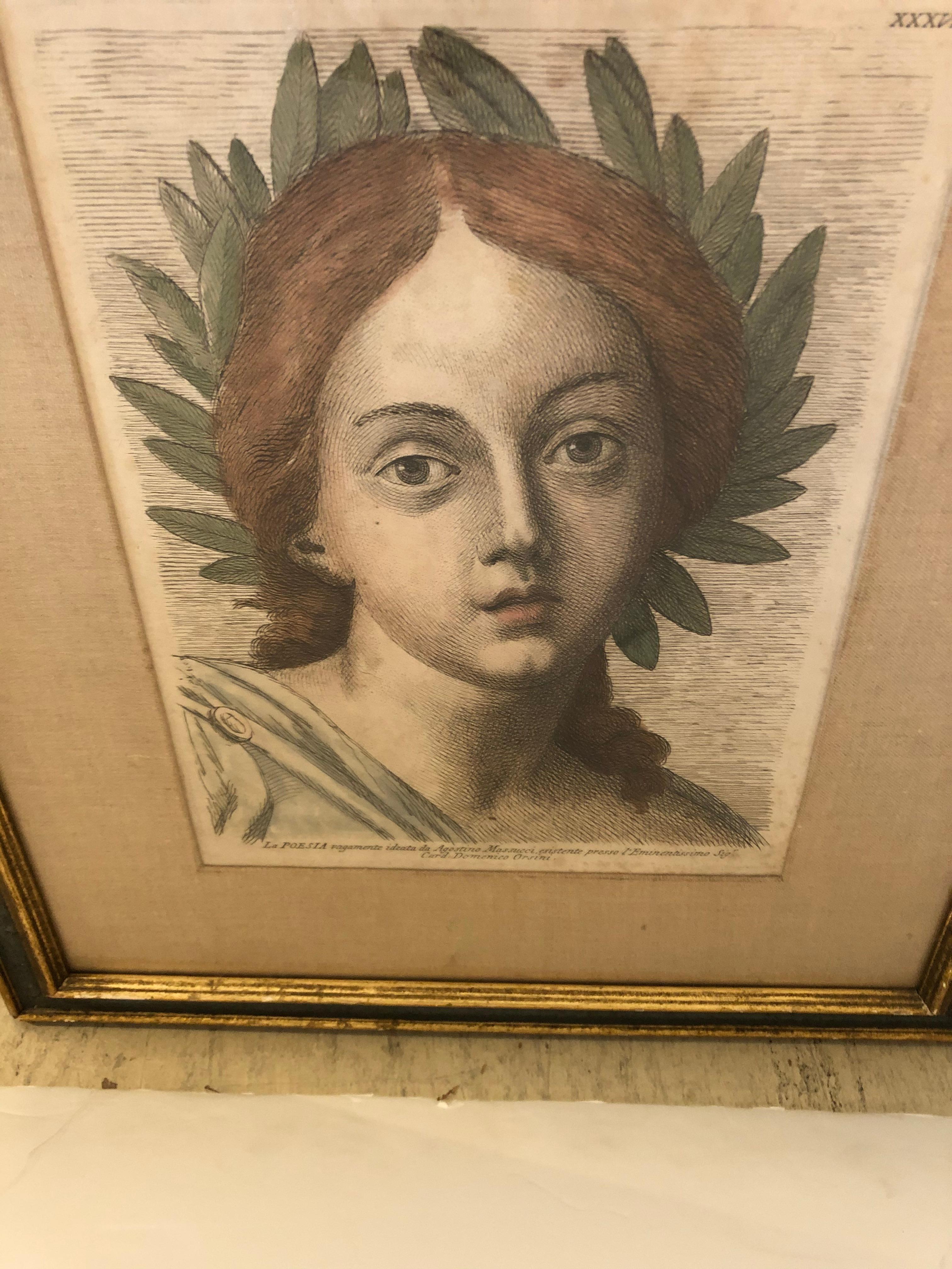 A beautiful early hand colored engraving of an ethereal female face adorned in head wreath.