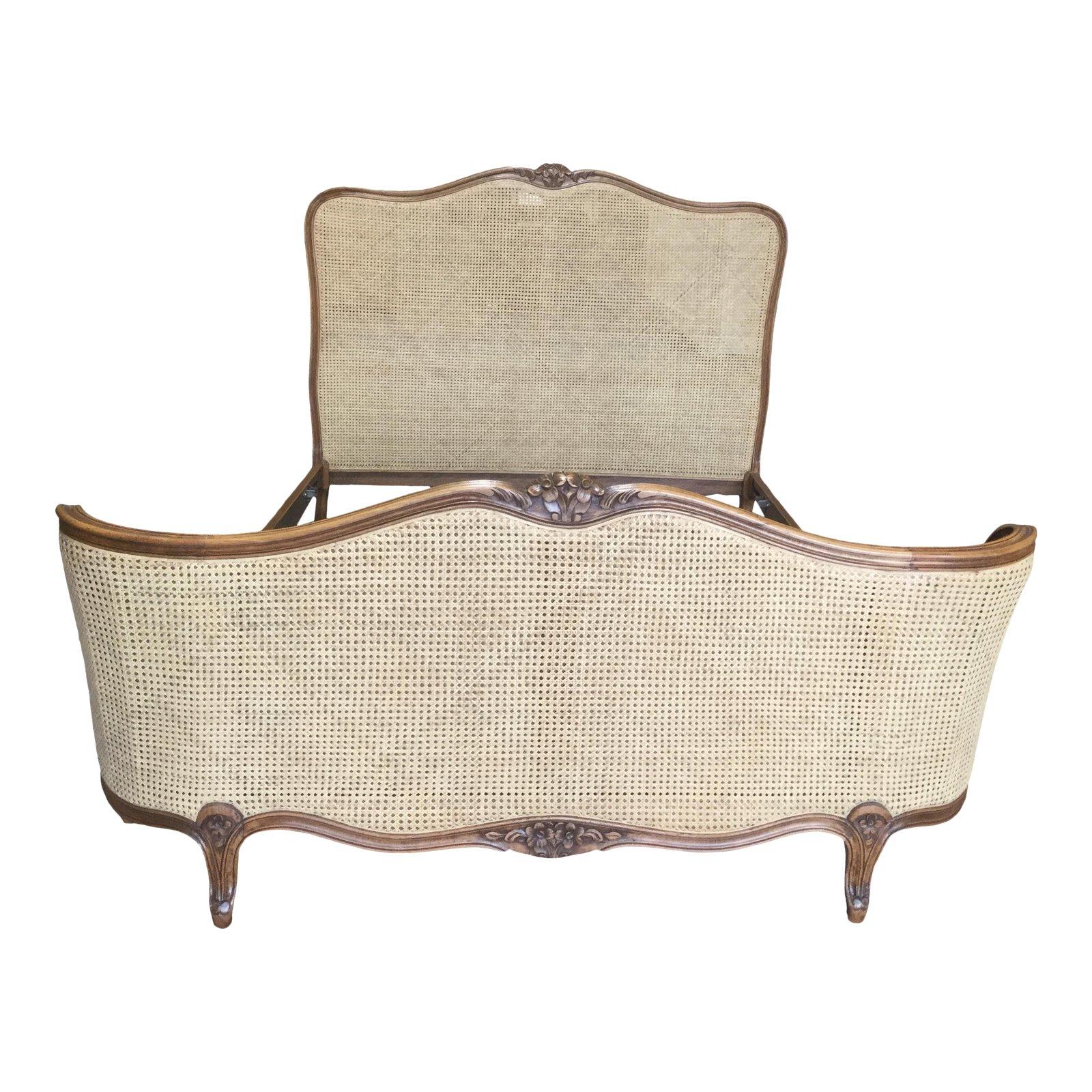 Romantic 1920s French Double-Caned and Walnut Bed Frame In Excellent Condition In Hopewell, NJ