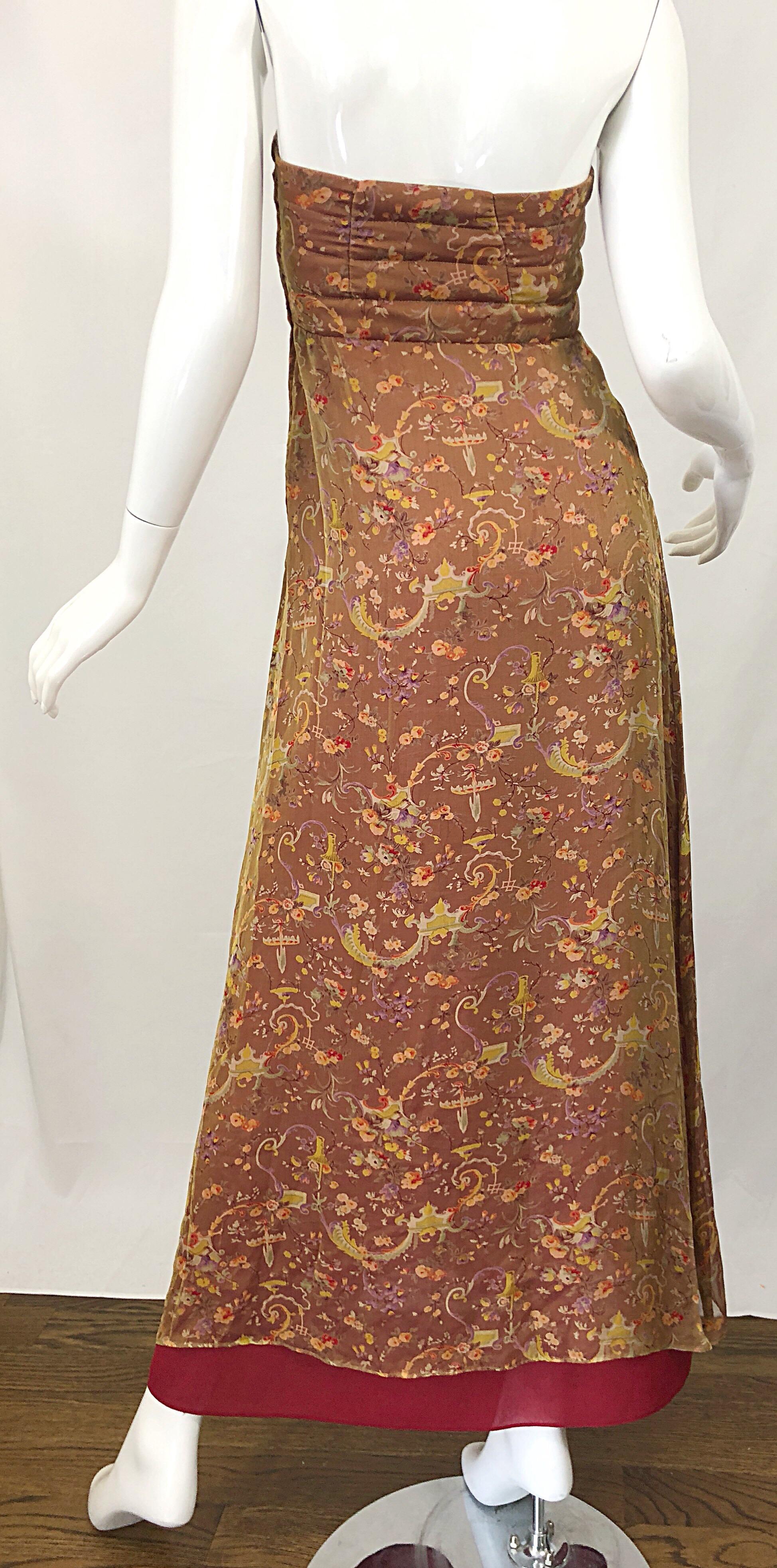 Romantic 1990s Novelty Garden Print Sz 4 Silk Chiffon Strapless Maxi Dress Gown For Sale 4