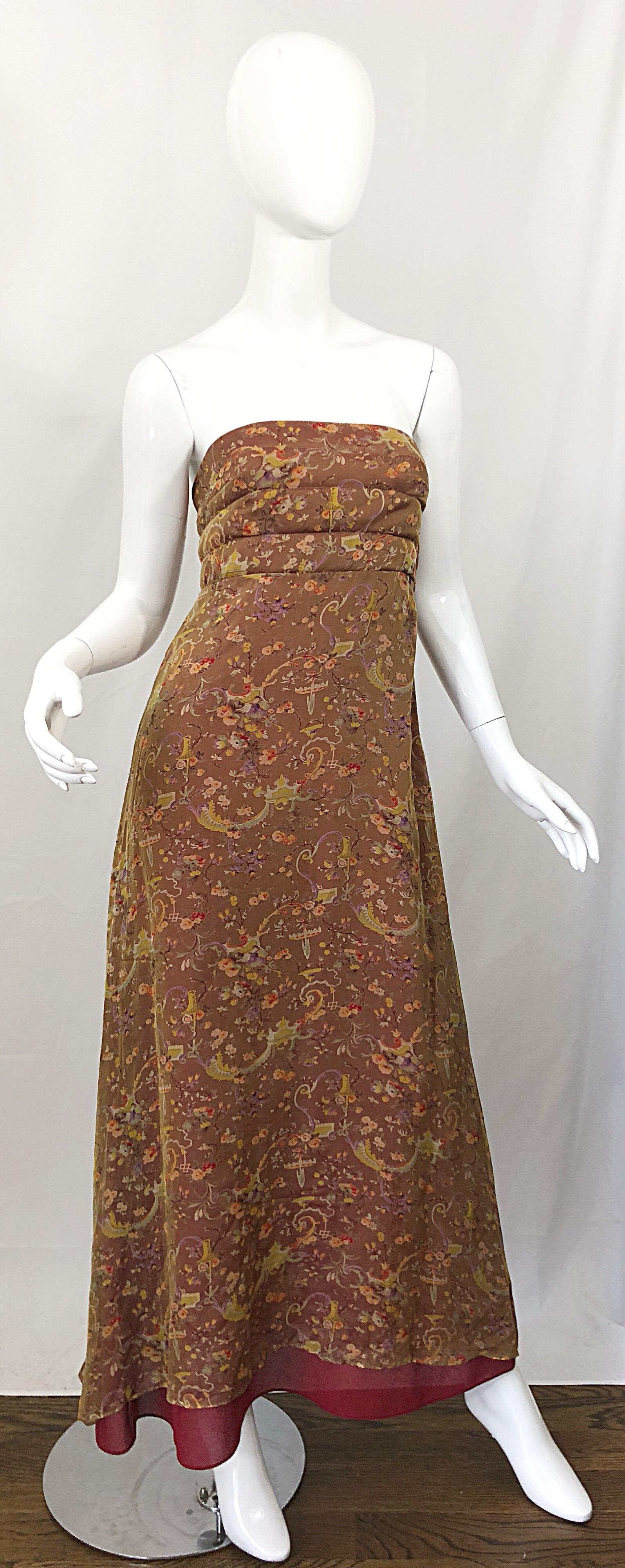 Romantic 1990s Novelty Garden Print Sz 4 Silk Chiffon Strapless Maxi Dress Gown For Sale 5