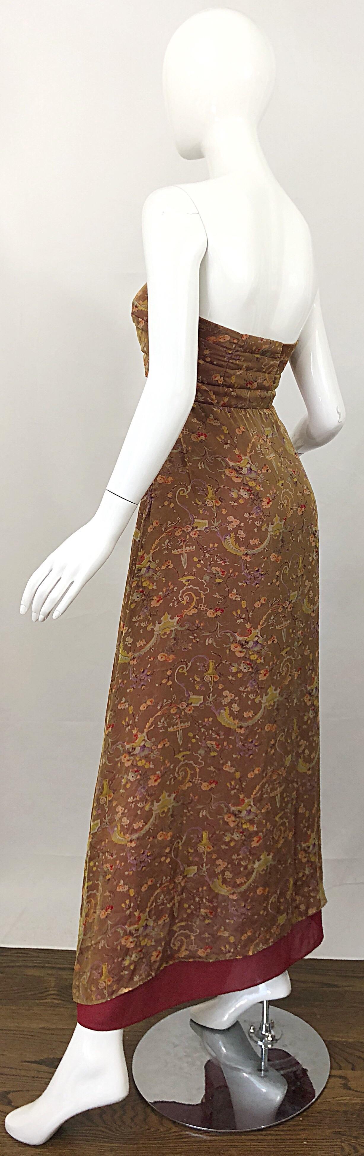 Romantic 1990s Novelty Garden Print Sz 4 Silk Chiffon Strapless Maxi Dress Gown For Sale 6