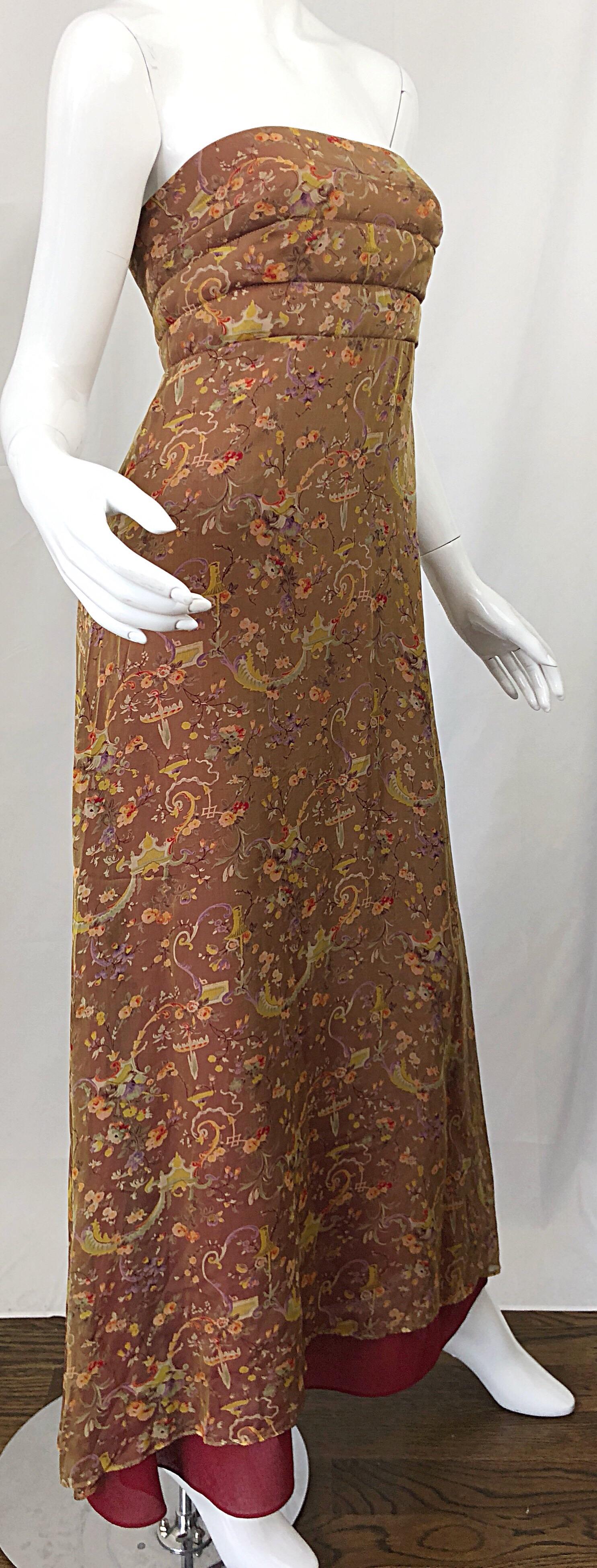 Romantic 1990s Novelty Garden Print Sz 4 Silk Chiffon Strapless Maxi Dress Gown For Sale 7