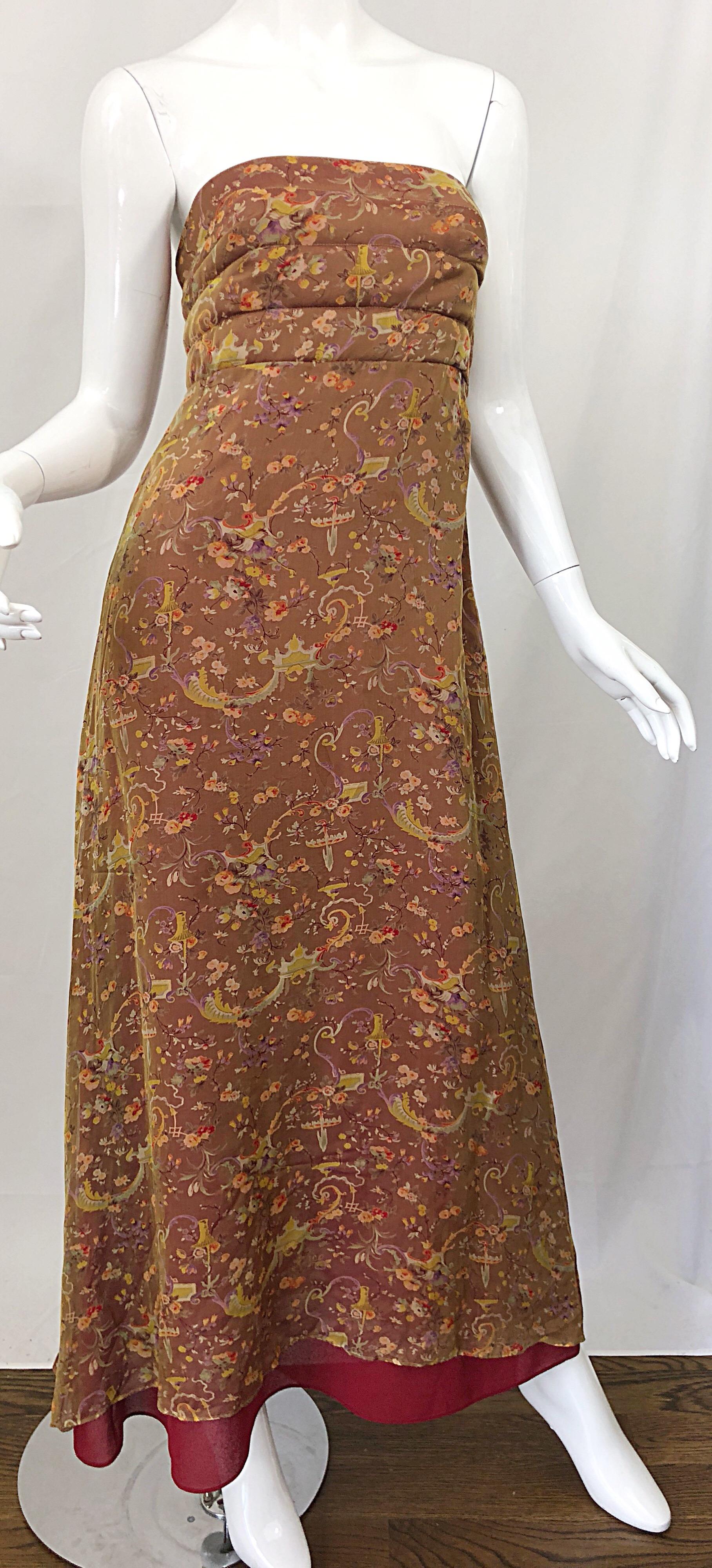 Romantic 1990s Novelty Garden Print Sz 4 Silk Chiffon Strapless Maxi Dress Gown For Sale 8