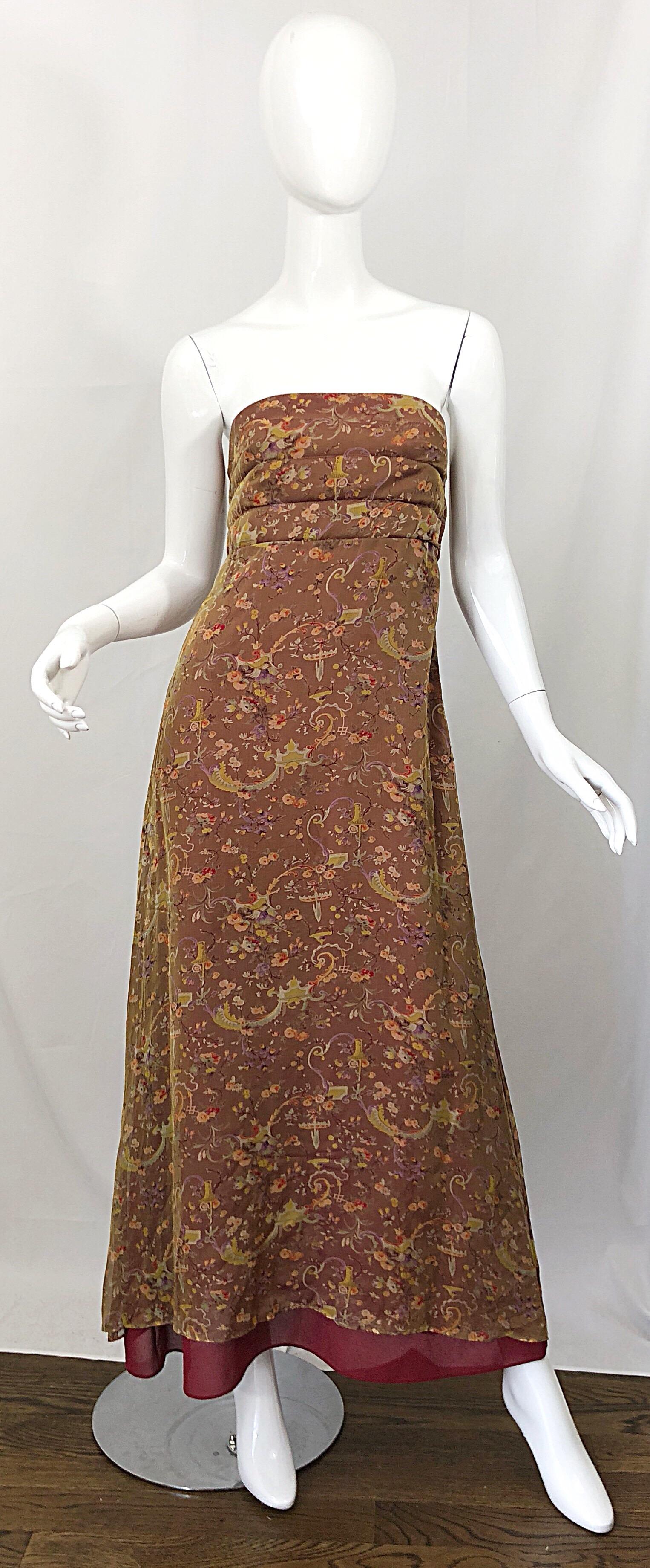 Romantic 1990s Novelty Garden Print Sz 4 Silk Chiffon Strapless Maxi Dress Gown For Sale 9