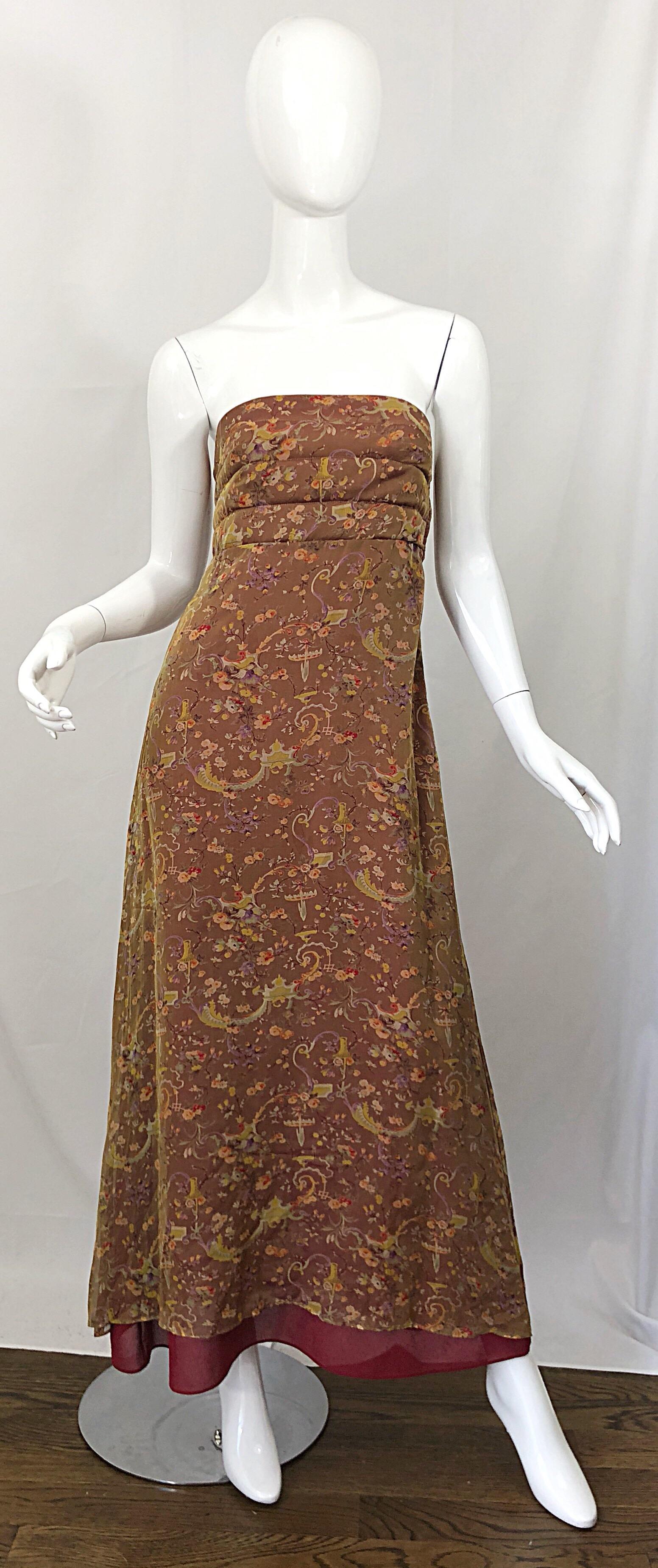 Romantic mid 1990s novelty garden print strapless silk chiffon maxi dress gown! Features a tan iridescent chiffon over a maroon silk underlay. Pretty garden themed print, with lamps printed throughout. Warm colors of brown, red, yellow, orange and