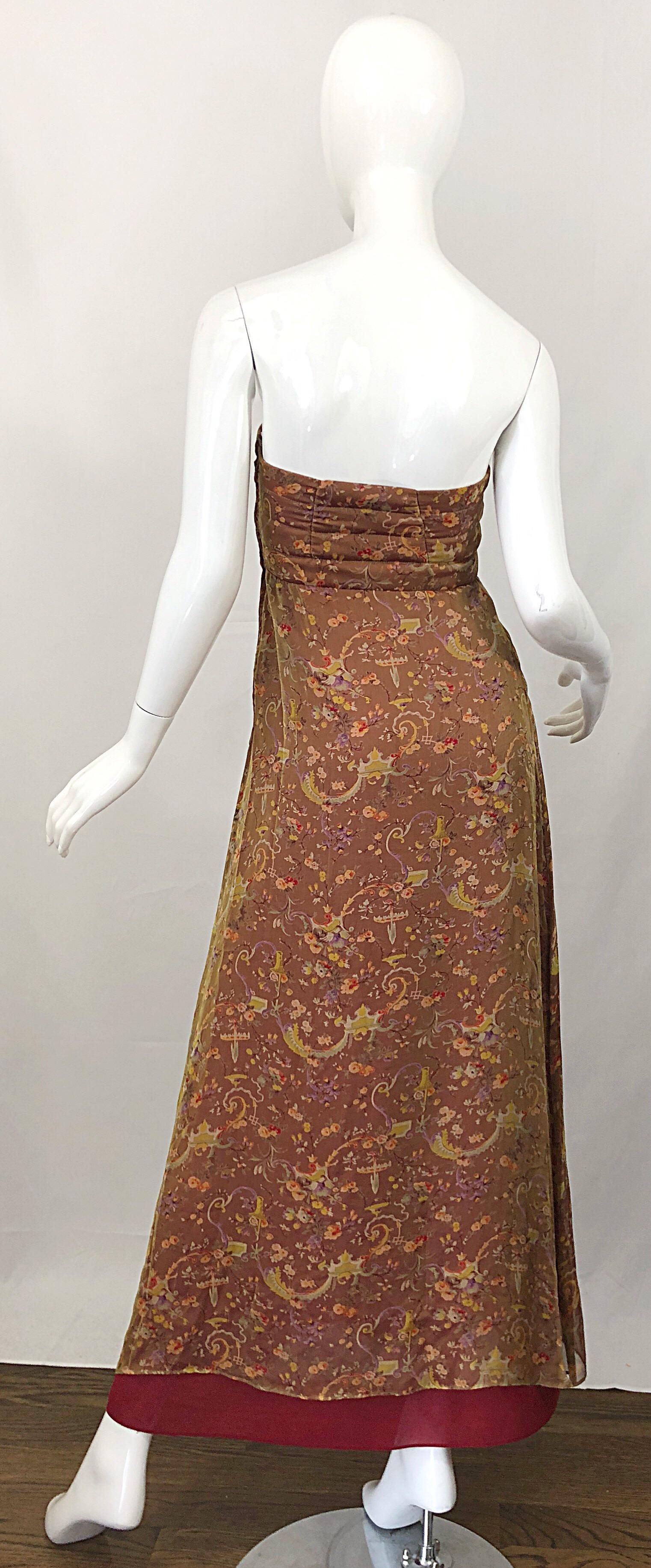 Brown Romantic 1990s Novelty Garden Print Sz 4 Silk Chiffon Strapless Maxi Dress Gown For Sale