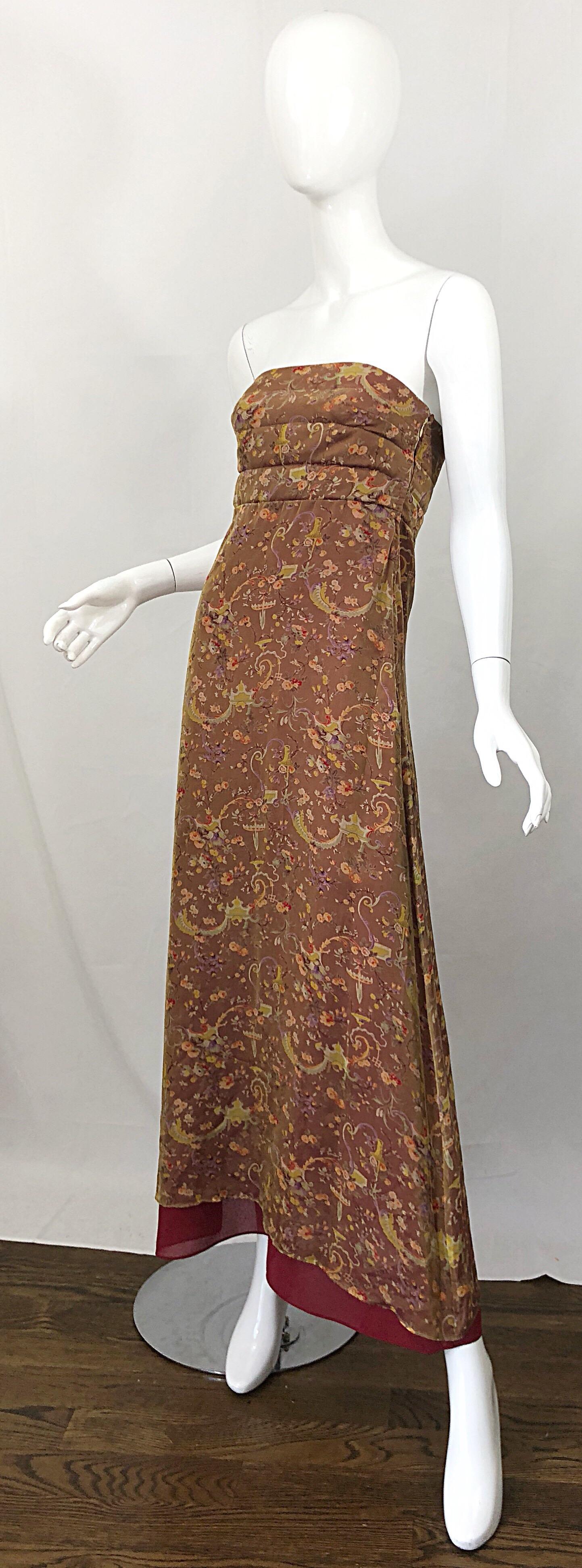Romantic 1990s Novelty Garden Print Sz 4 Silk Chiffon Strapless Maxi Dress Gown In Excellent Condition For Sale In San Diego, CA