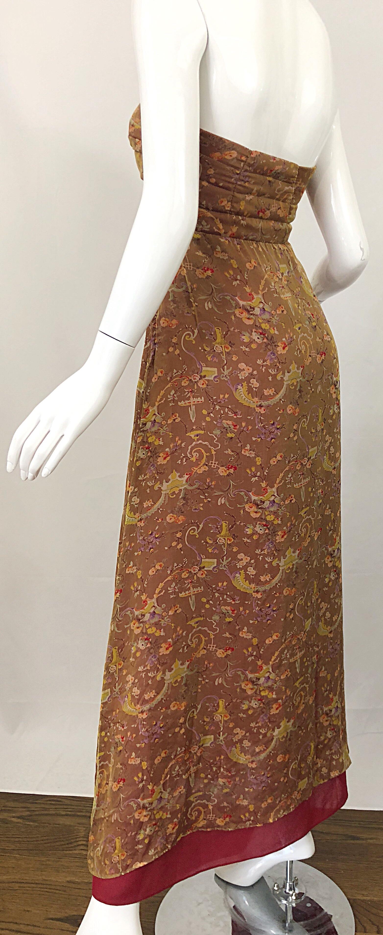 Women's Romantic 1990s Novelty Garden Print Sz 4 Silk Chiffon Strapless Maxi Dress Gown For Sale