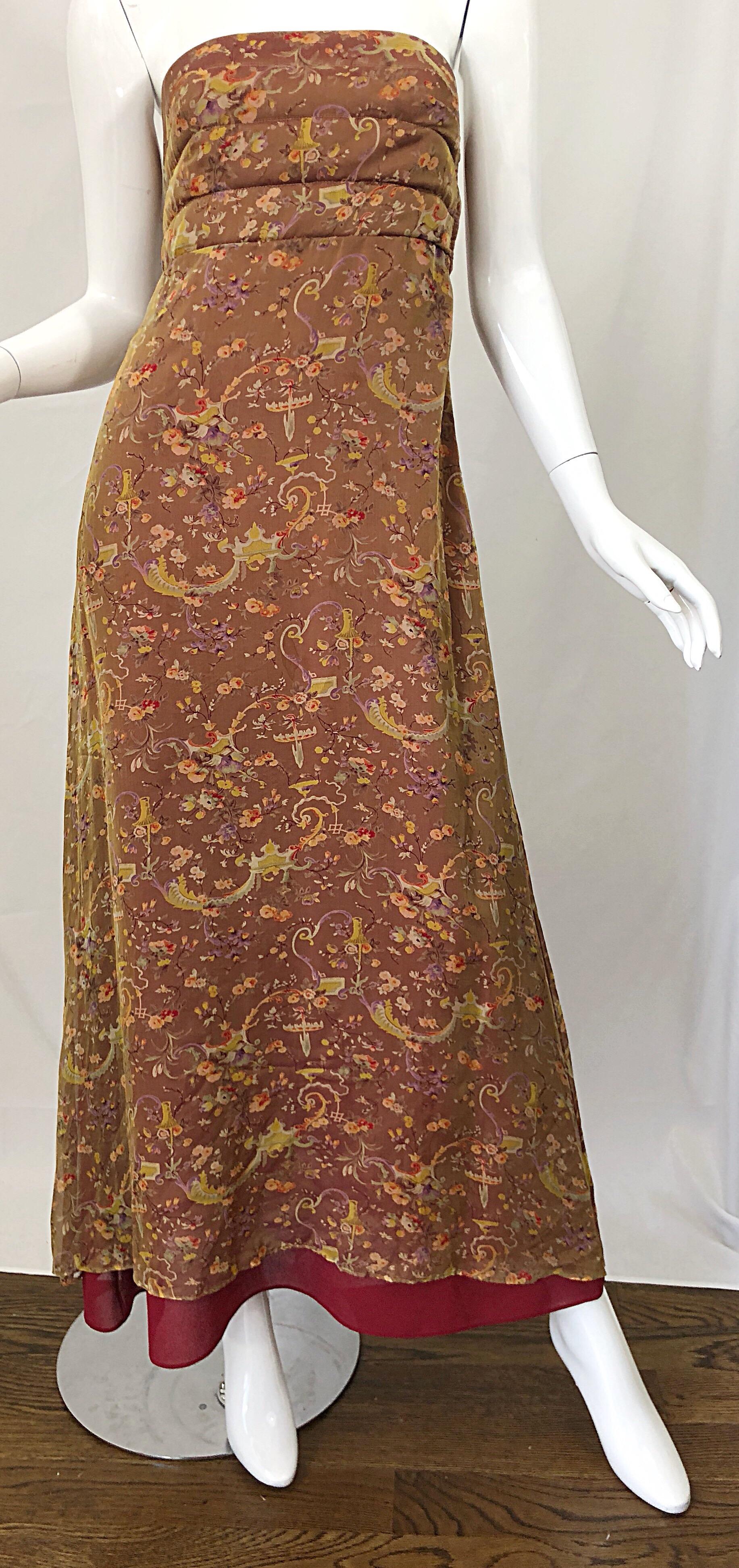 Romantic 1990s Novelty Garden Print Sz 4 Silk Chiffon Strapless Maxi Dress Gown For Sale 1