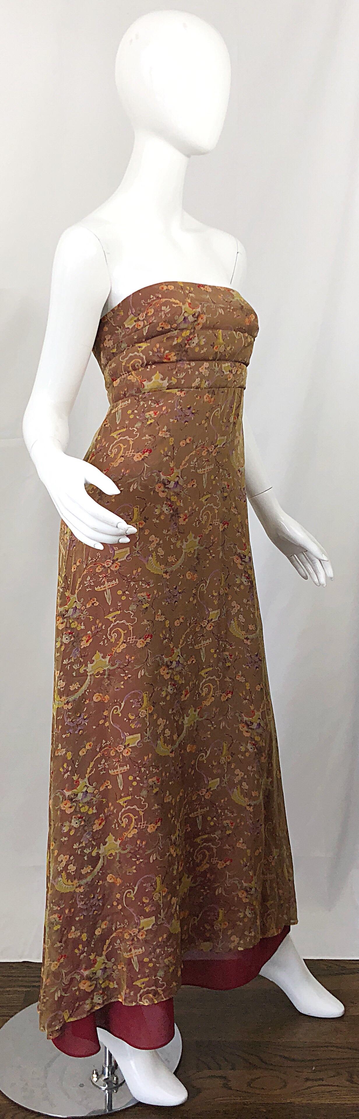 Romantic 1990s Novelty Garden Print Sz 4 Silk Chiffon Strapless Maxi Dress Gown For Sale 2