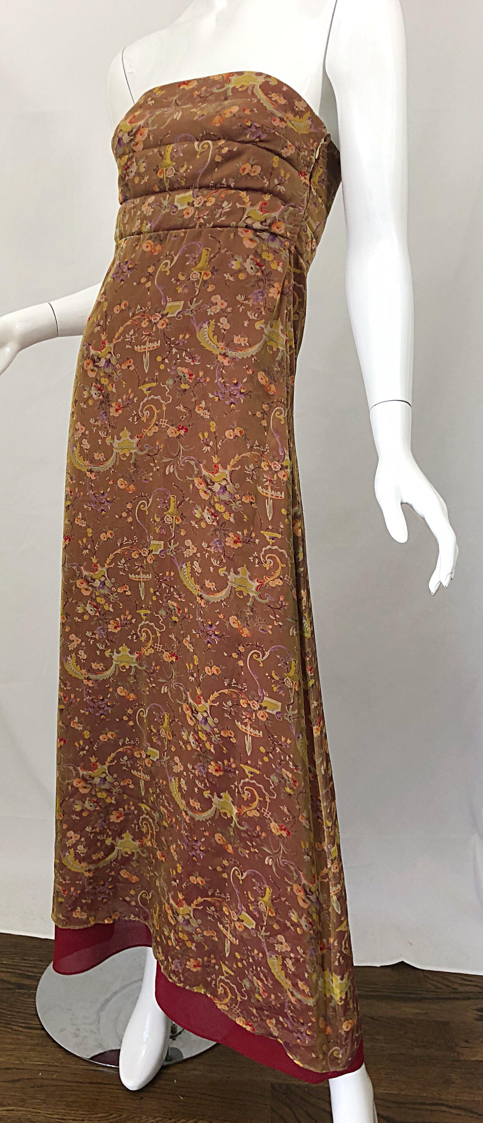 Romantic 1990s Novelty Garden Print Sz 4 Silk Chiffon Strapless Maxi Dress Gown For Sale 3