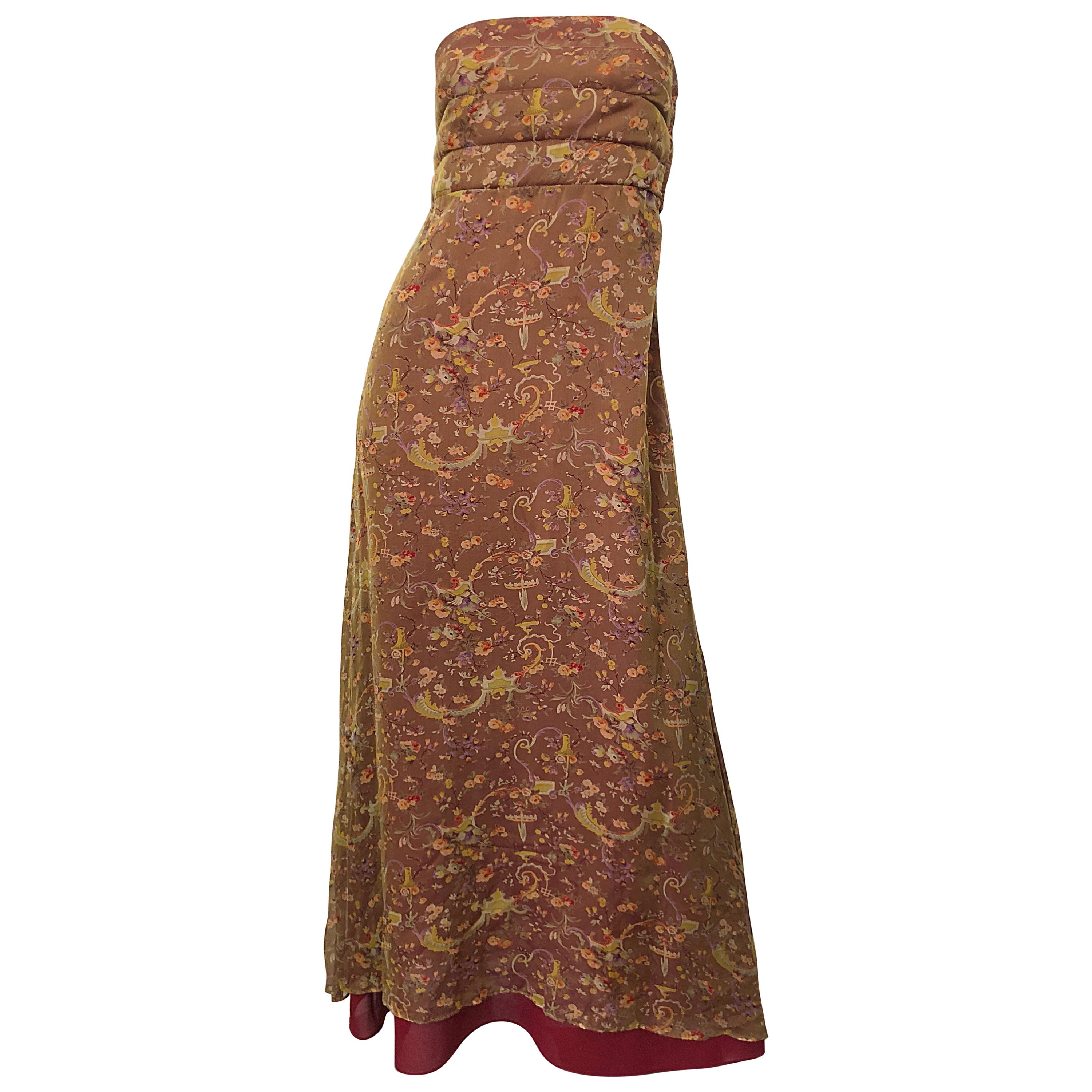 Romantic 1990s Novelty Garden Print Sz 4 Silk Chiffon Strapless Maxi Dress Gown For Sale