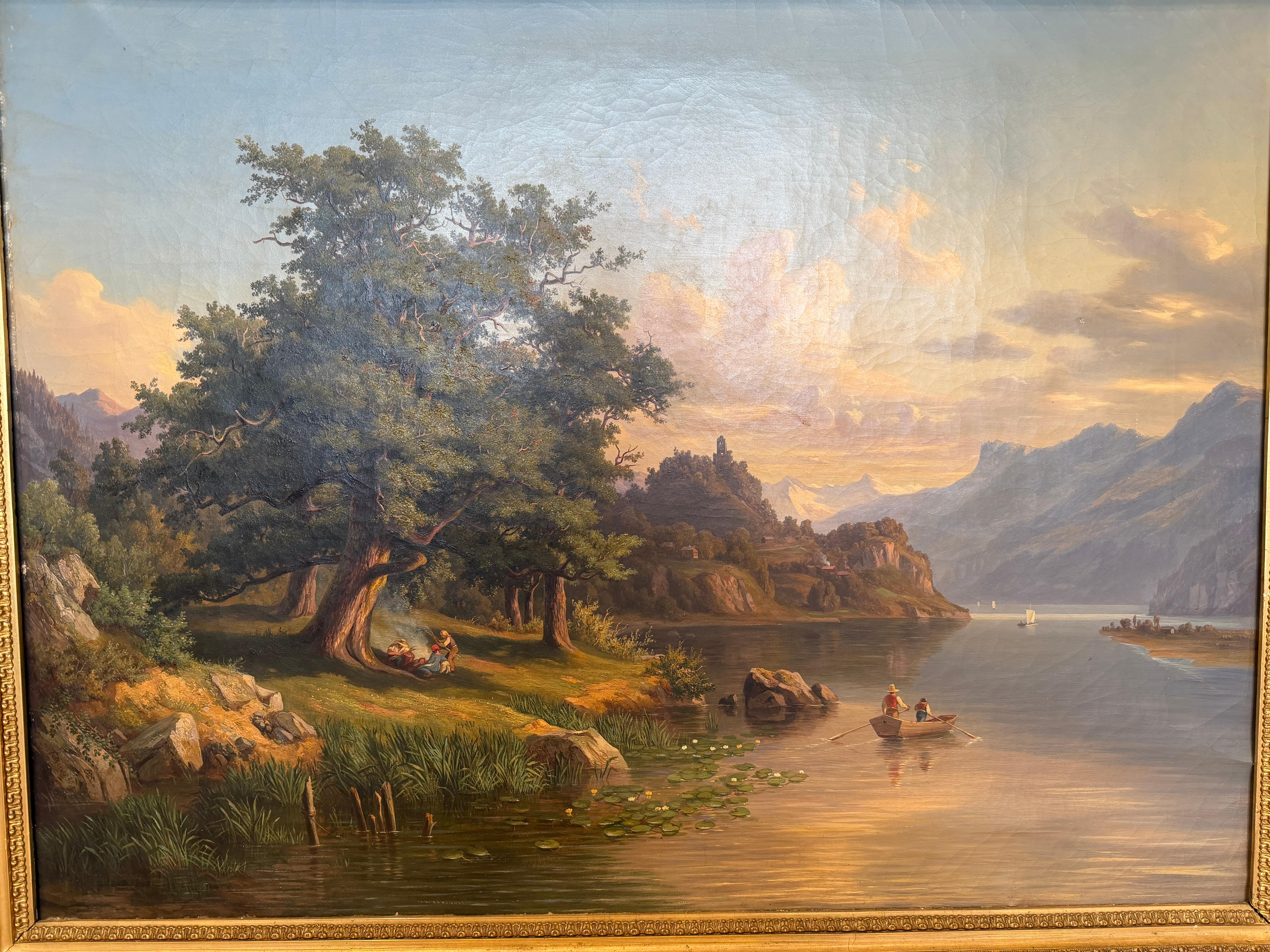 Romantic 19th-Century Alpine Landscape in Grand Gilt Frame Jakob Joseph Zelger Barroco en venta
