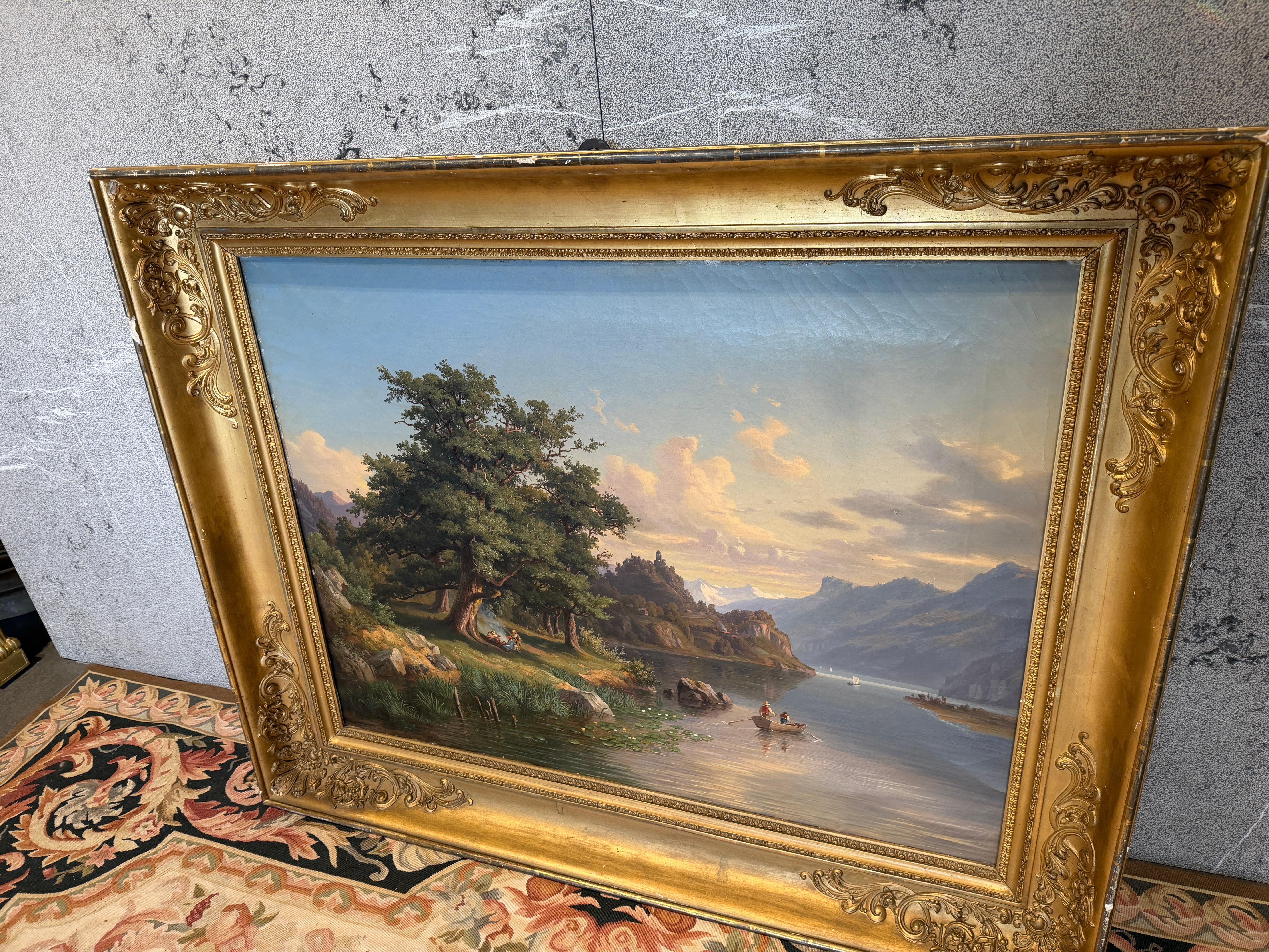 Romantic 19th-Century Alpine Landscape in Grand Gilt Frame Jakob Joseph Zelger siglo XIX en venta