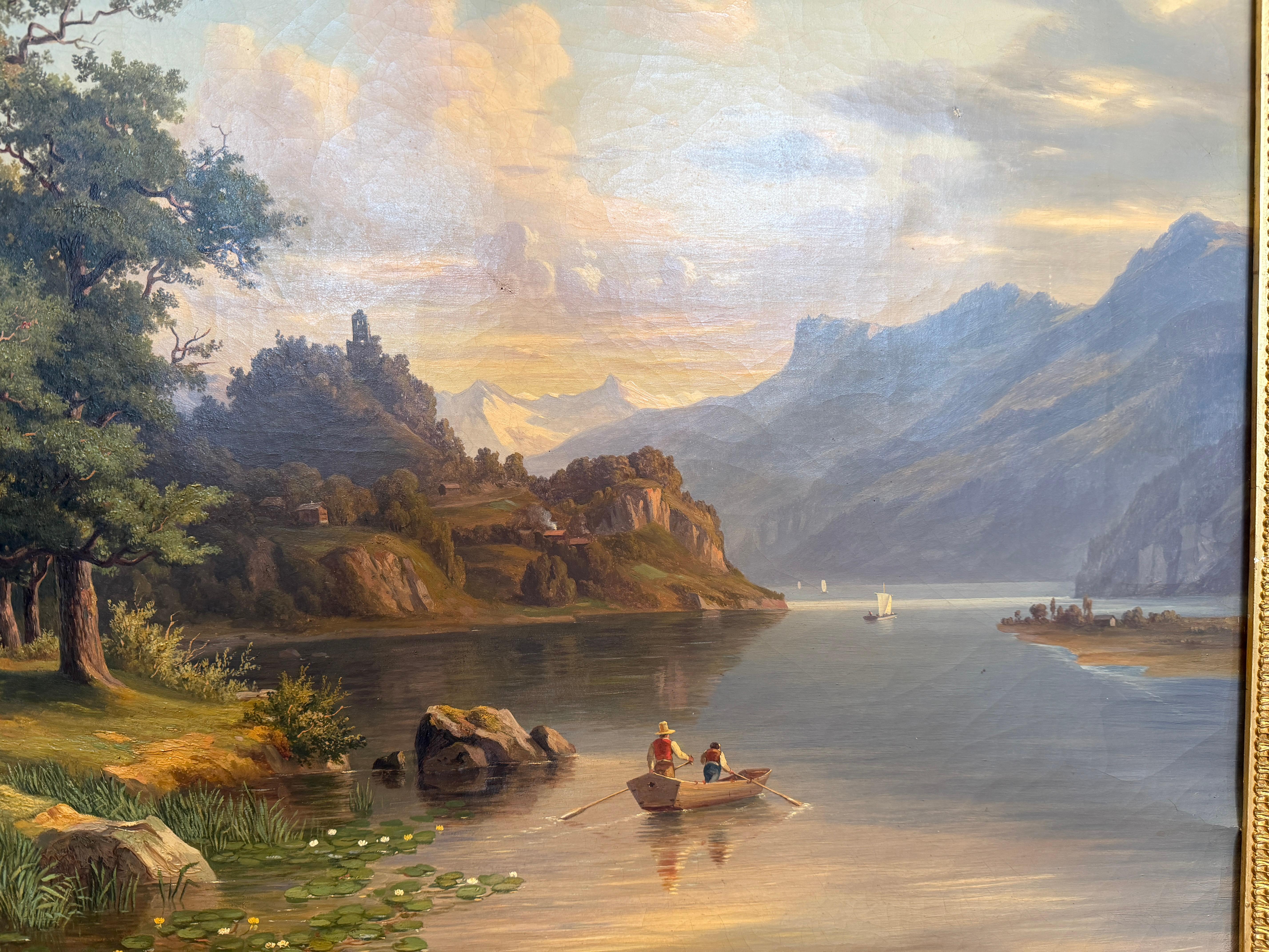 Romantic 19th-Century Alpine Landscape in Grand Gilt Frame Jakob Joseph Zelger Madera en venta