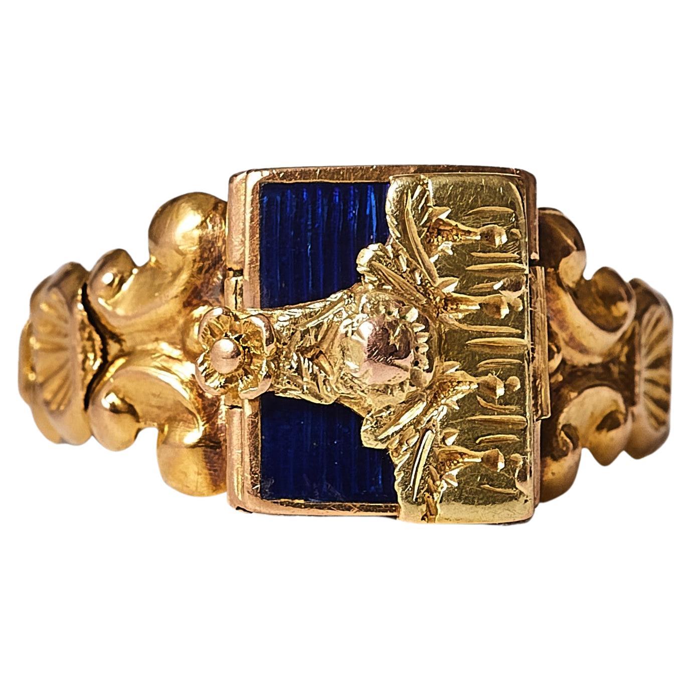 Bague de souvenir "myosotis" romantique du 19e siècle, néo-rococo, or 18k