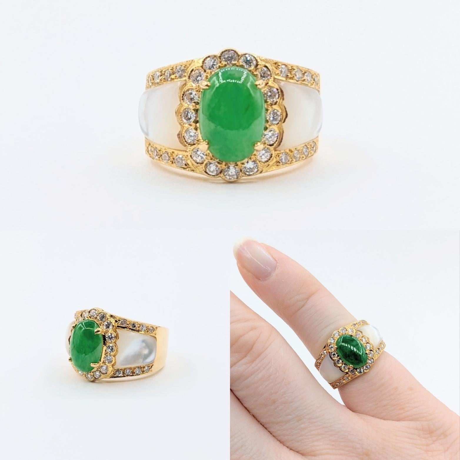 Romantic 21k Jade, Diamond & Mother of Pearl Ring

Magnificently set in 21k yellow gold, this ring proudly showcases .25ctw round diamonds. These gleaming diamonds have an SI2 clarity and a lustrous H-I color. Augmenting the design is a harmonious