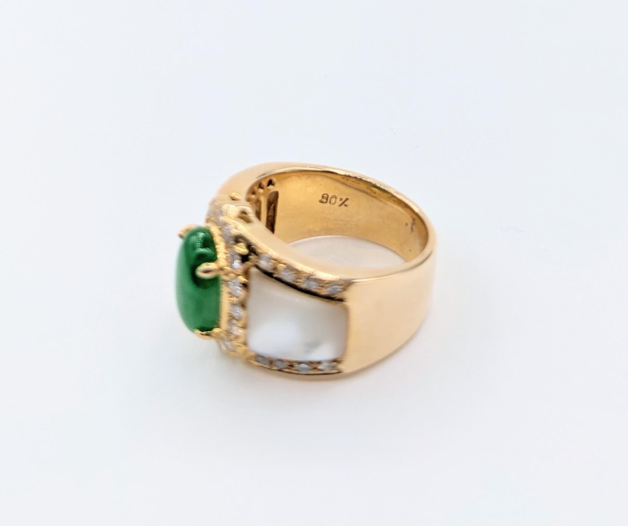 Contemporary Romantic 21k Jade, Diamond & Mother of Pearl Ring