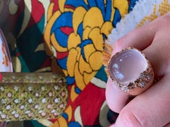 Large Diamond, 30 TCW Cabochon Rose Quartz, 14K Rose Gold Statement Ring