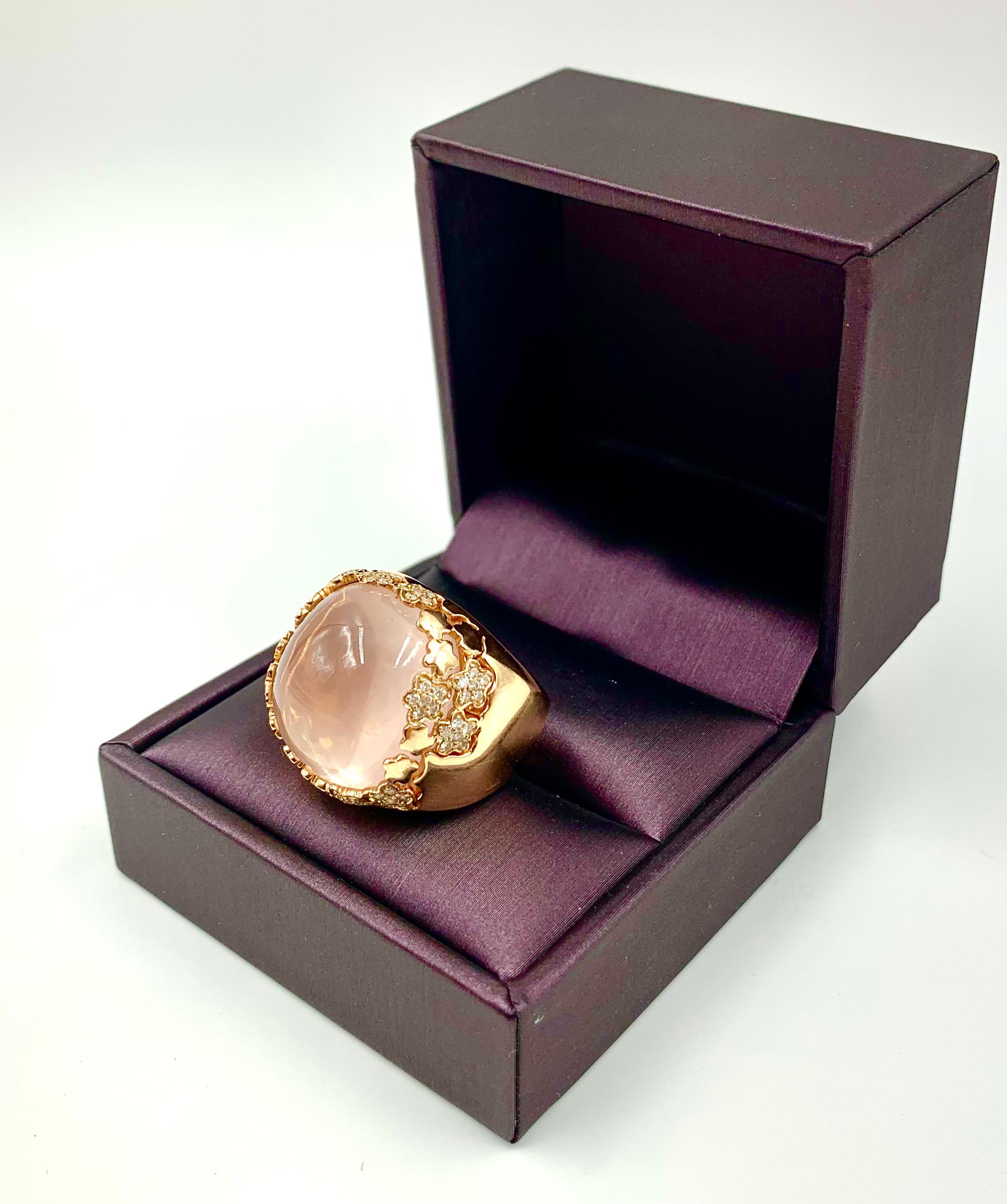 Romantic 30 Carat Cabochon Rose Quartz, Diamond, 14K Rose Gold Flower Ring For Sale 1
