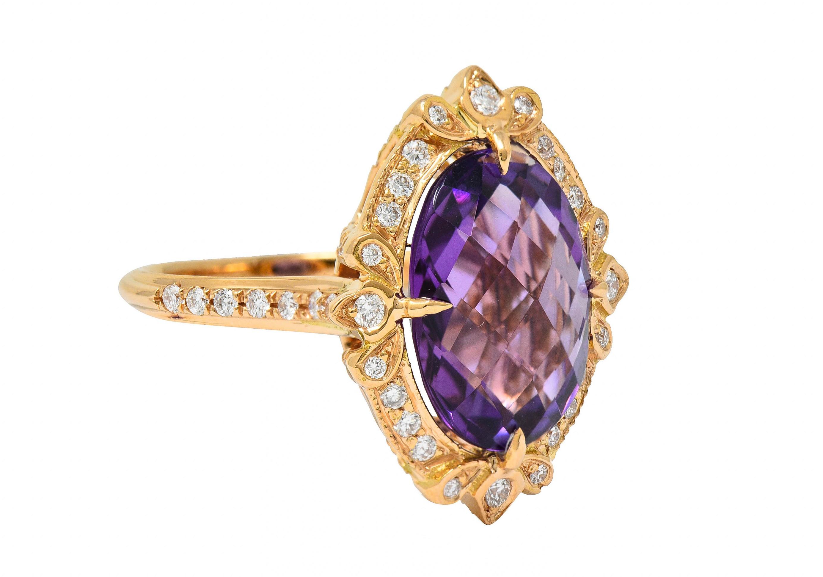 Centering an oval checkerboard cut amethyst measuring approximately 14.0 x 10.0 mm

Surrounded by an ornate foliate halo decorated by milgrain edges

With round brilliant cut diamonds weighing in total approximately 1.00 carat - G/H color with SI