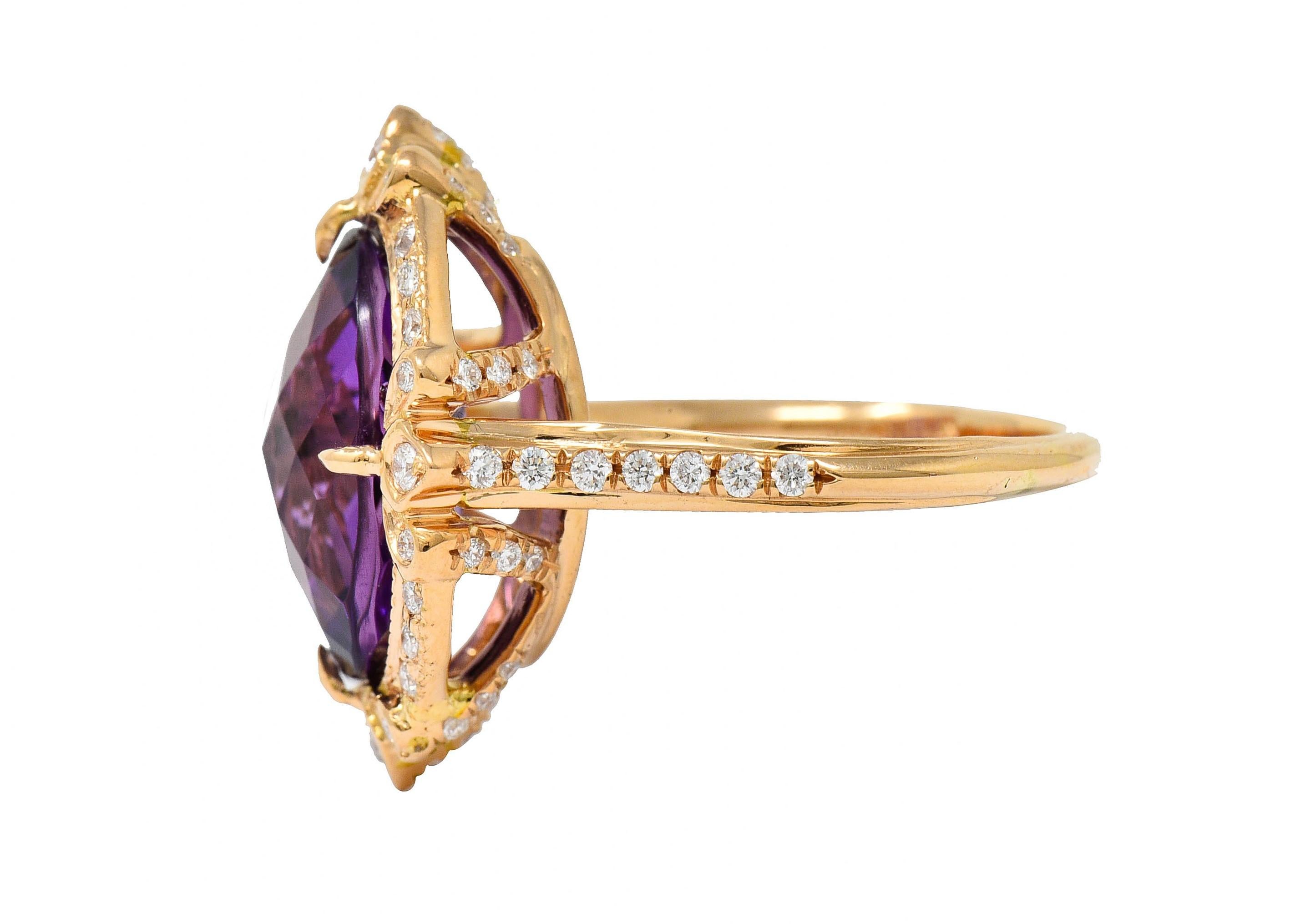 Romantic Amethyst Diamond 18 Karat Rose Gold Cocktail Ring In Excellent Condition In Philadelphia, PA
