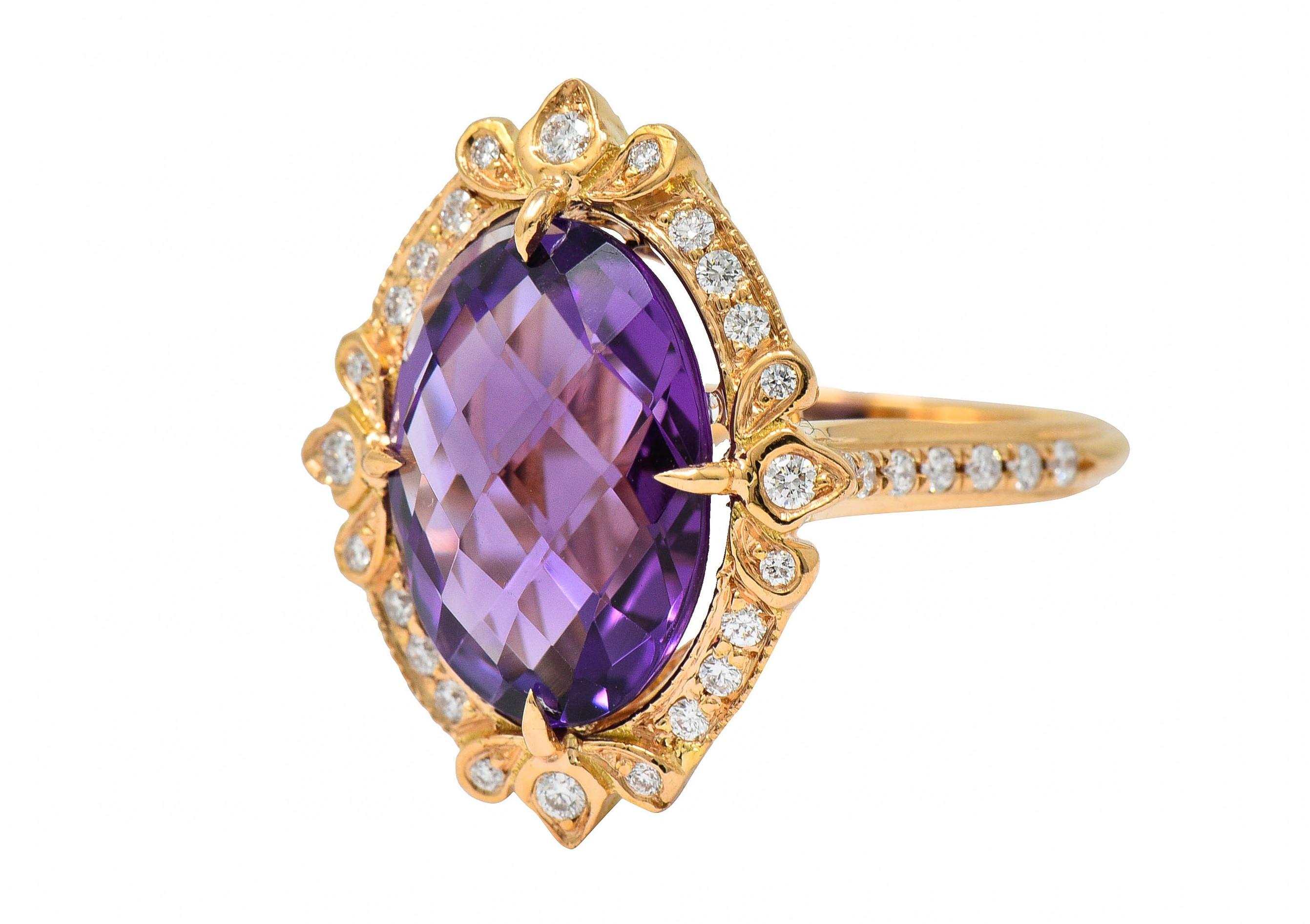 Women's or Men's Romantic Amethyst Diamond 18 Karat Rose Gold Cocktail Ring