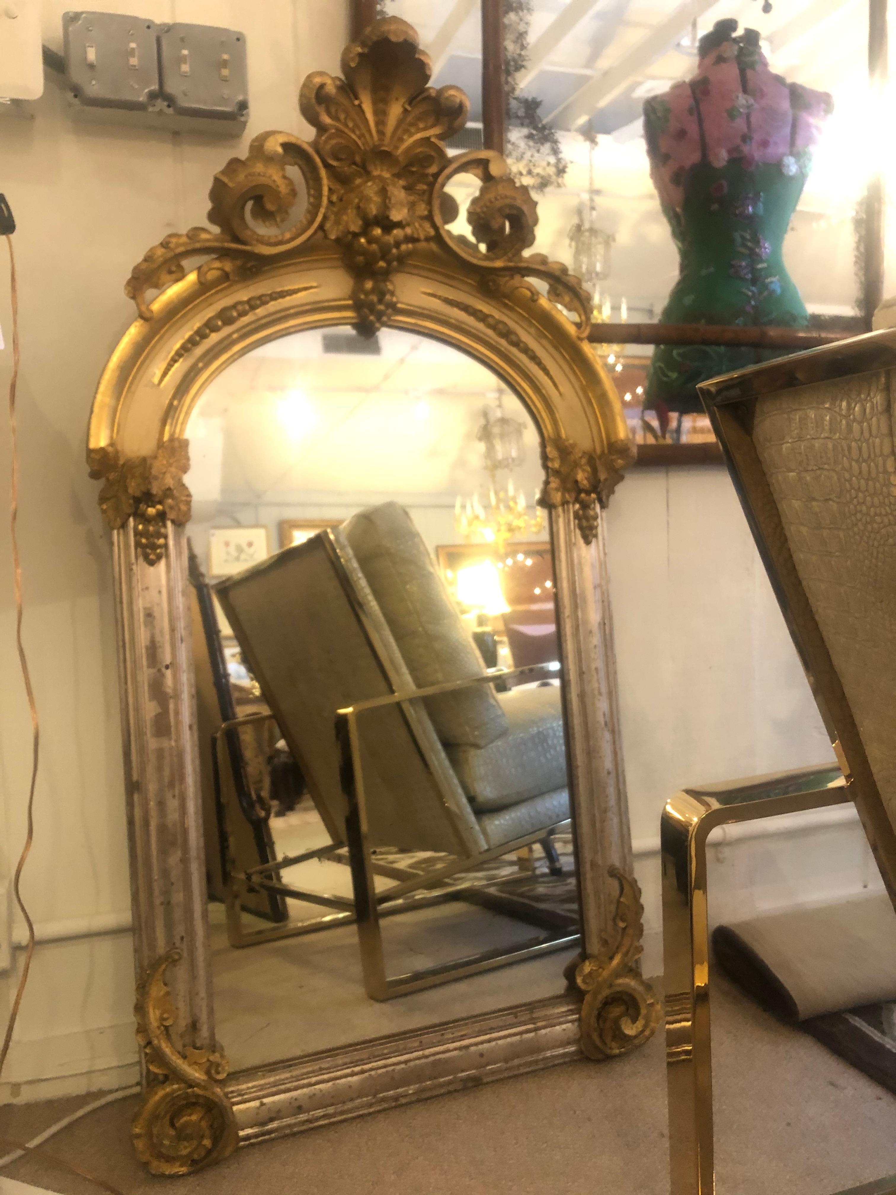 Romantic and Rare Belle Époque Parcel-Gilt and Lemon Silver Arched Wall Mirror 6