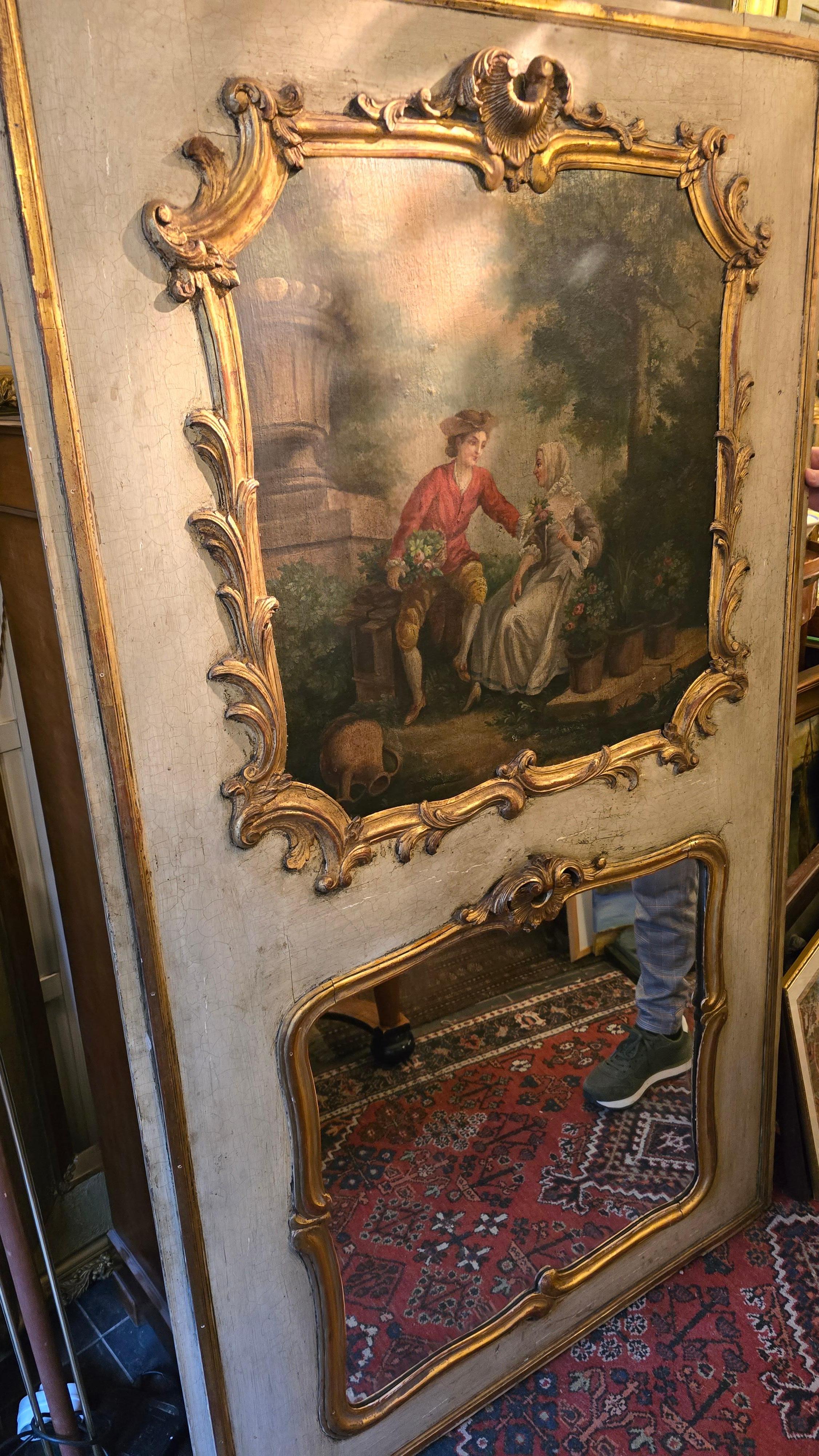 Romantic Antique 18th Century Rococo French Trumeau Wall Mirror with Painting For Sale 5