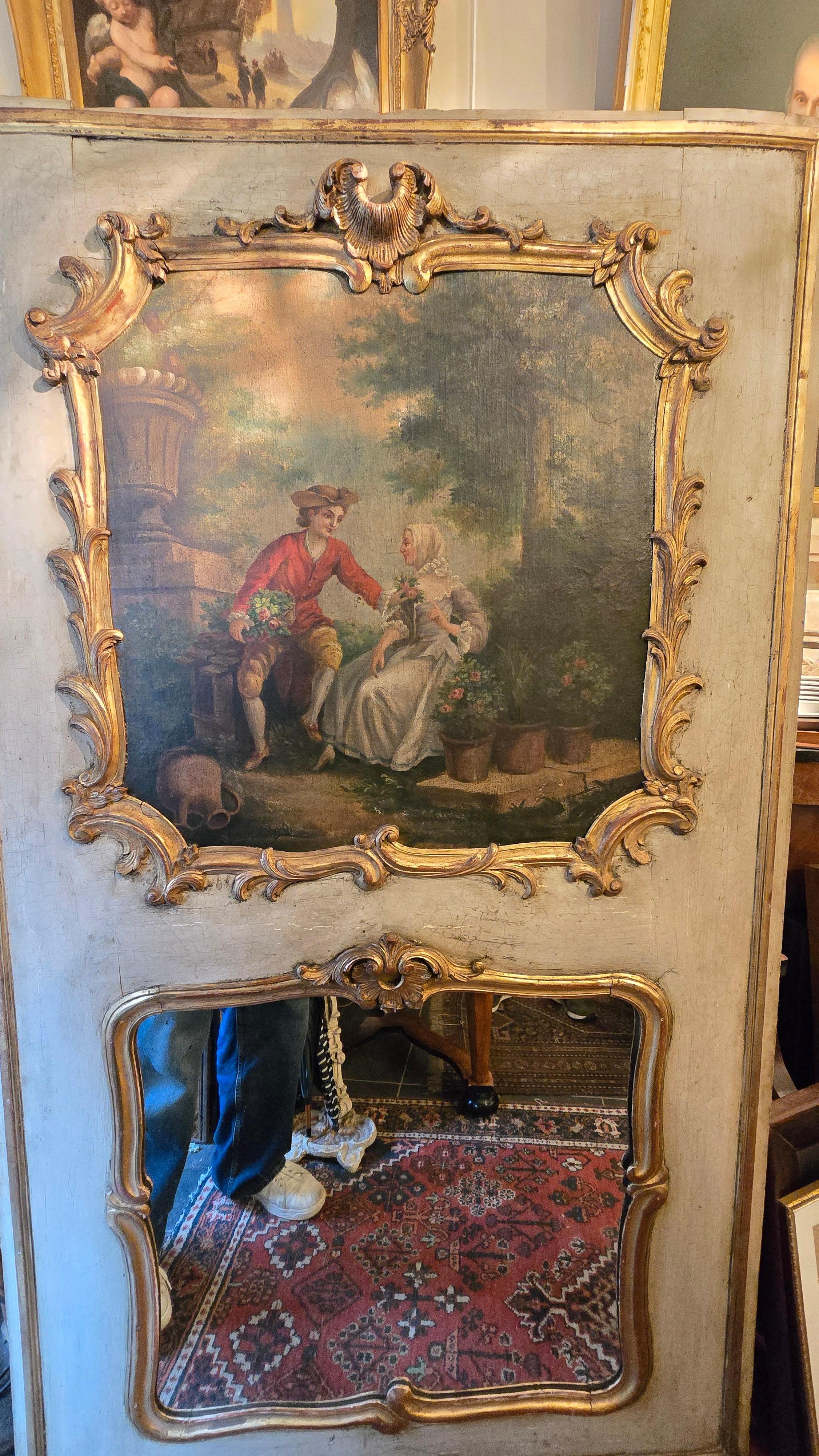 Romantic Antique 18th Century Rococo French Trumeau Wall Mirror with Painting For Sale 6