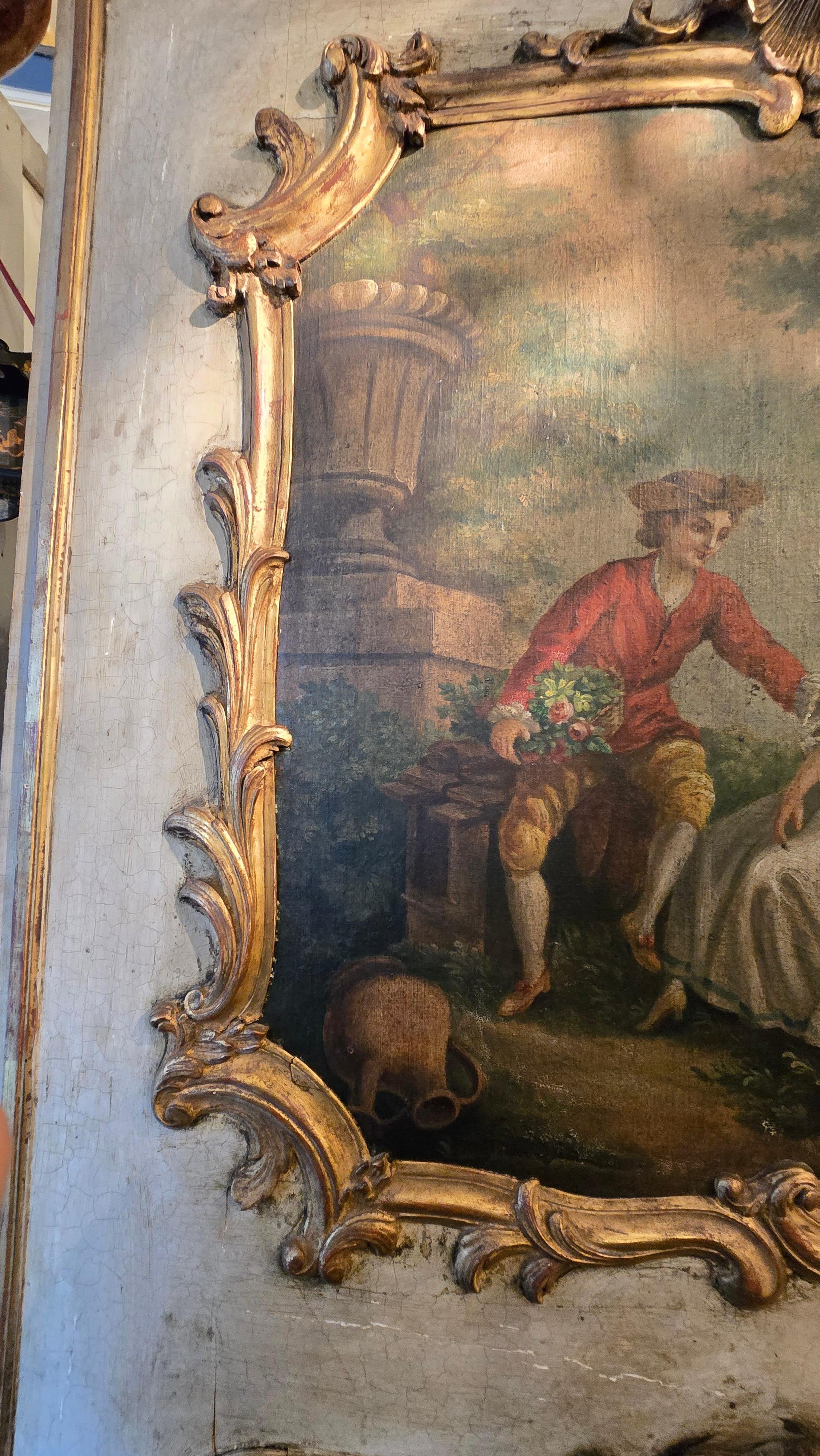 Romantic Antique 18th Century Rococo French Trumeau Wall Mirror with Painting For Sale 7