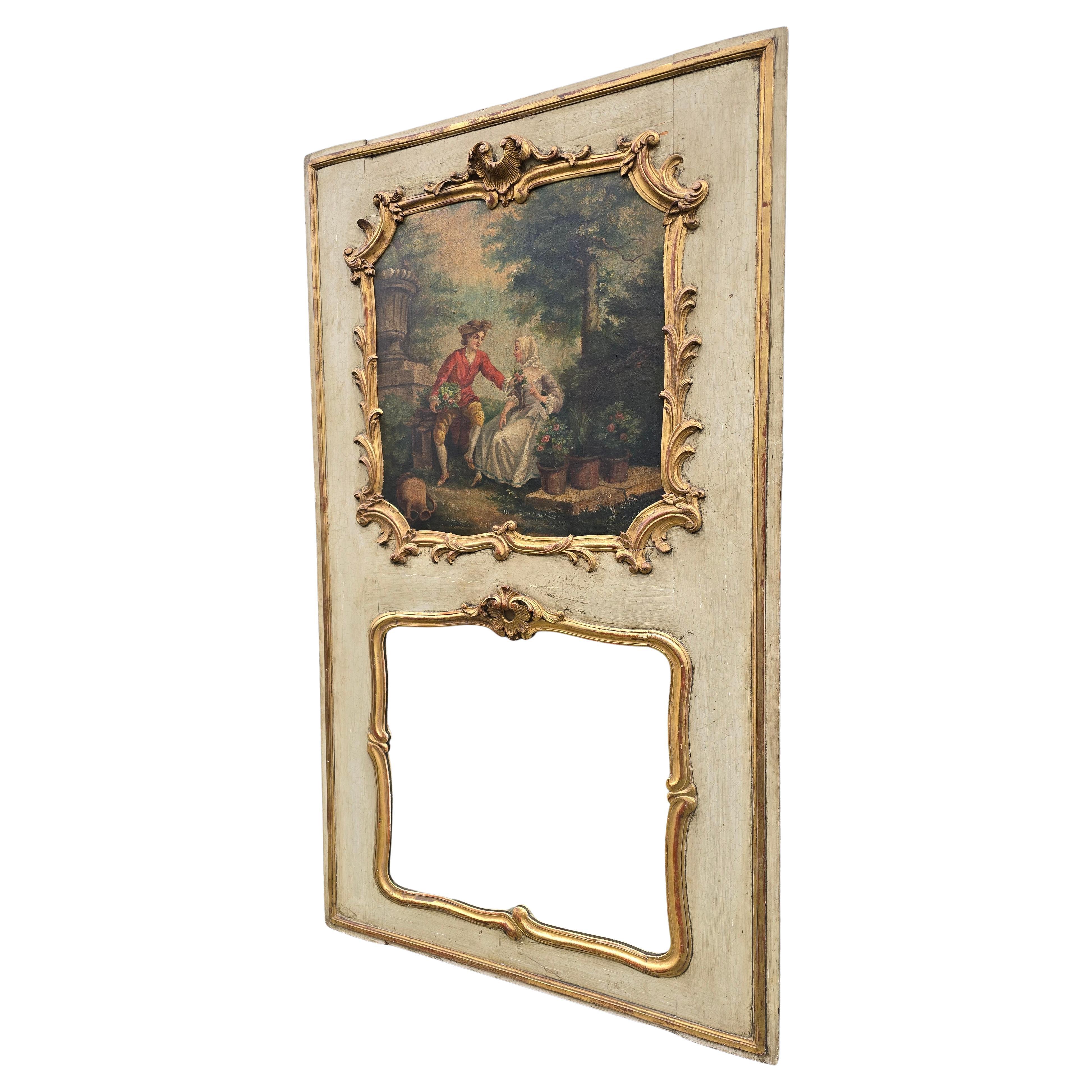 Antique 18th Century Rococo French Trumeau Wall Mirror with Oil Painting

This beautiful and rare 18th century French Trumeau wall mirror is a magnificent example of refined craftsmanship and classic elegance. The piece combines an original,
