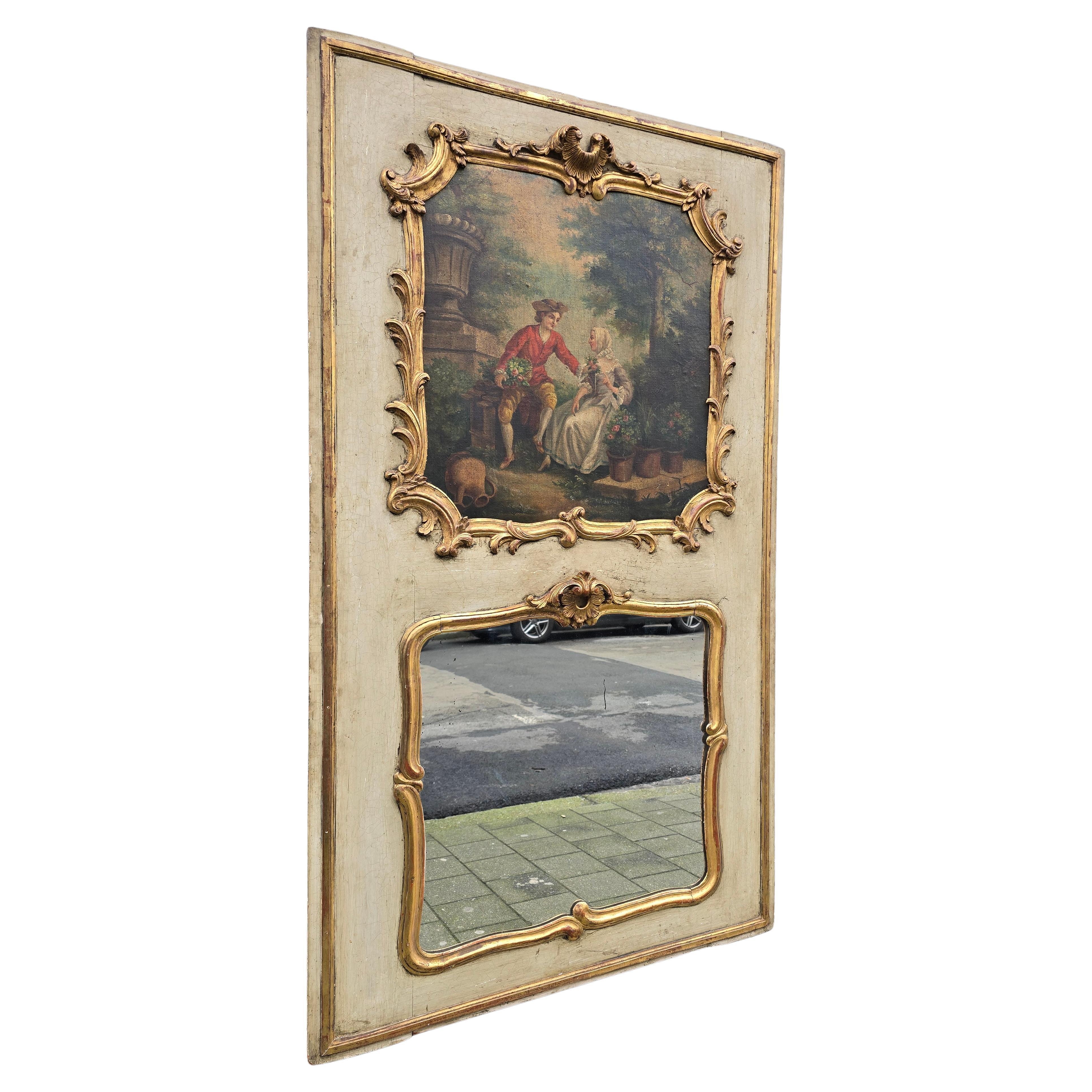 Hand-Painted Romantic Antique 18th Century Rococo French Trumeau Wall Mirror with Painting For Sale
