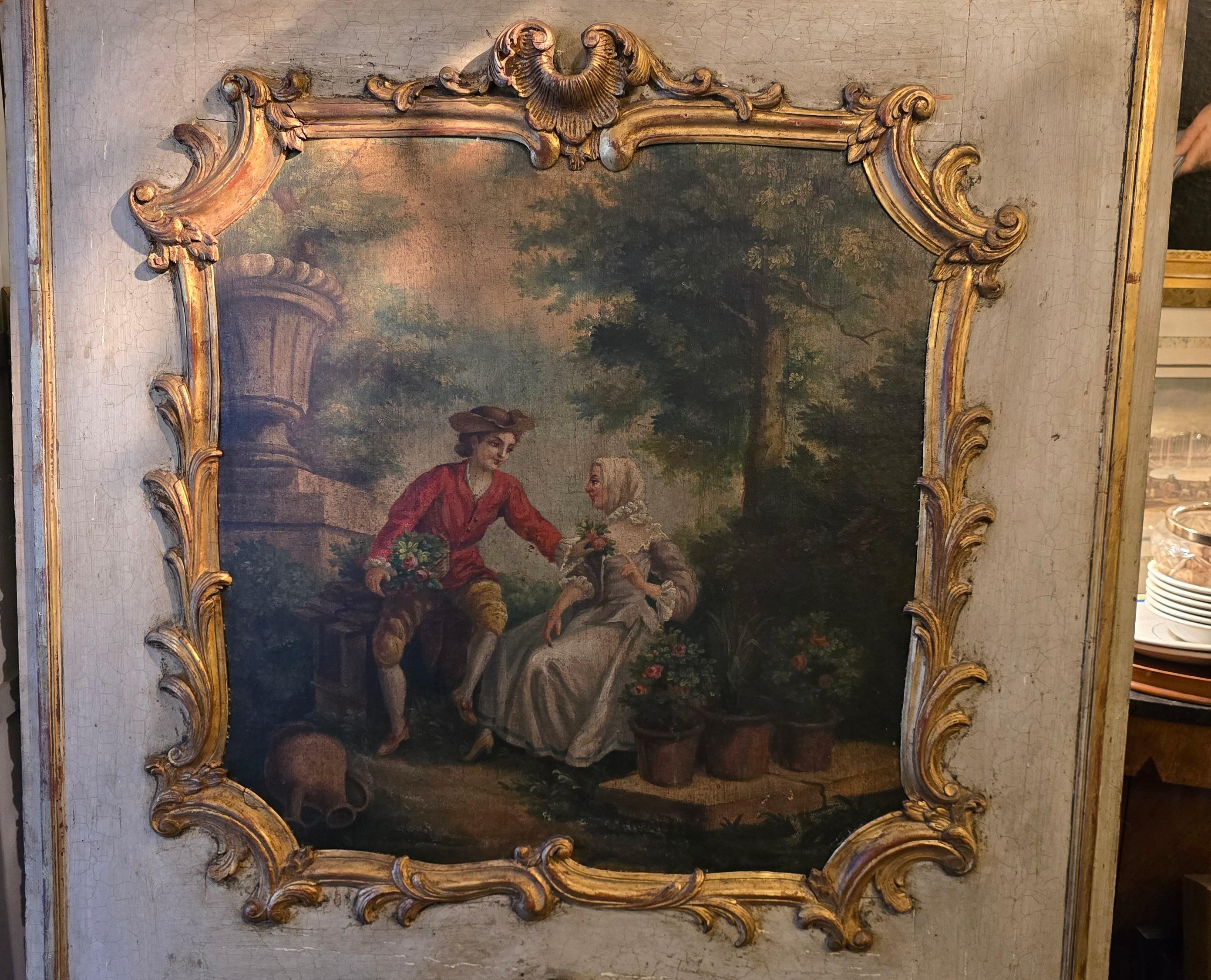 Romantic Antique 18th Century Rococo French Trumeau Wall Mirror with Painting In Good Condition For Sale In Antwerp, BE
