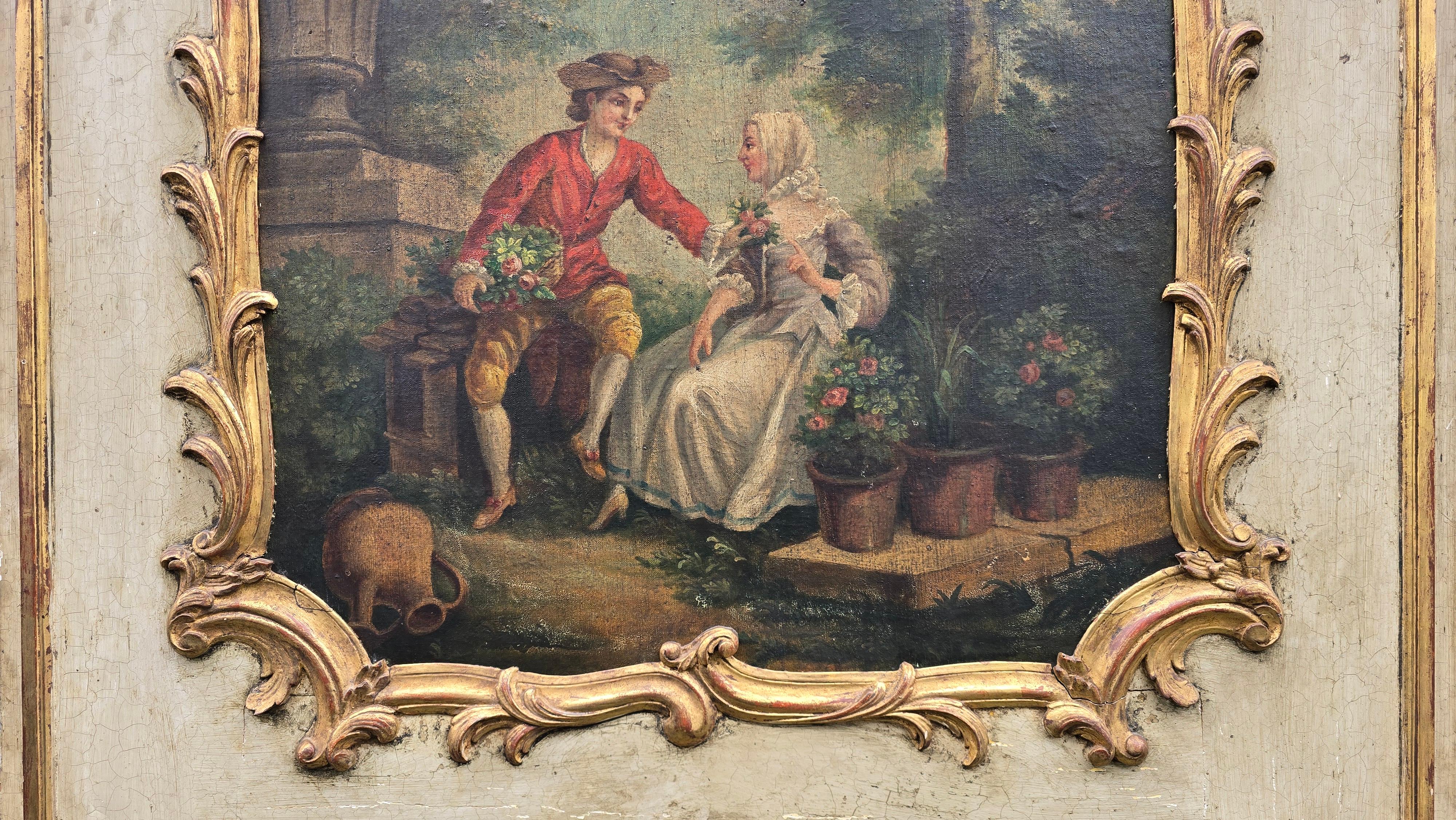 Romantic Antique 18th Century Rococo French Trumeau Wall Mirror with Painting For Sale 1