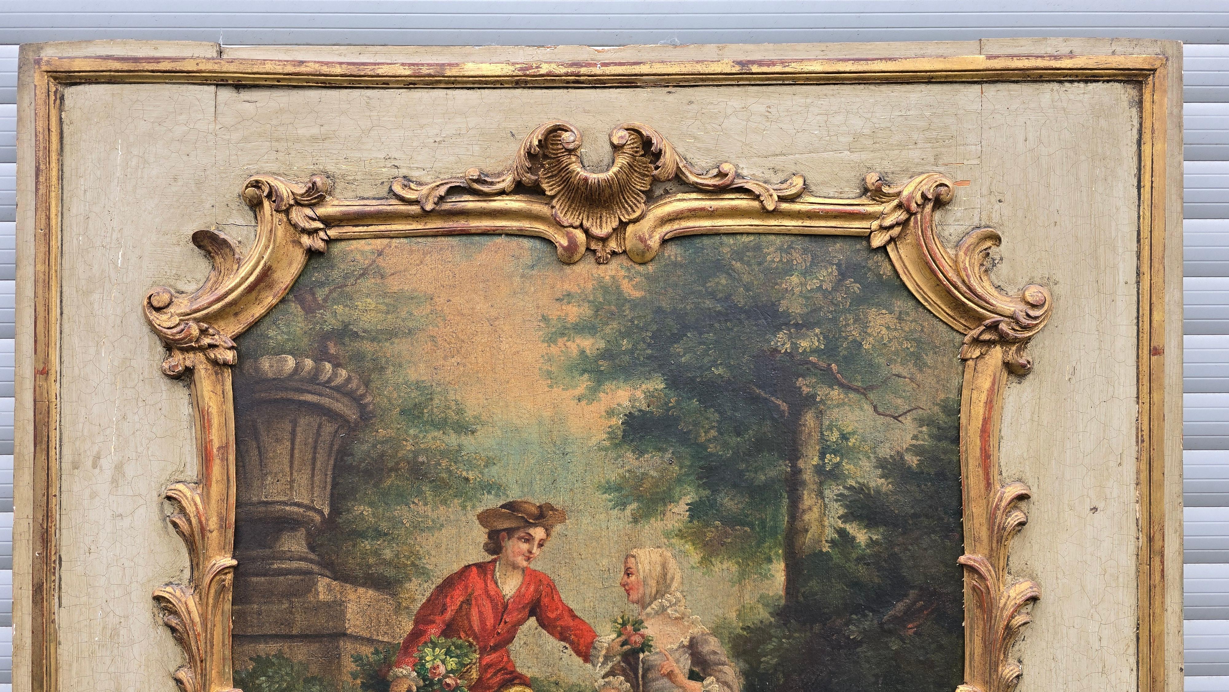 Romantic Antique 18th Century Rococo French Trumeau Wall Mirror with Painting For Sale 2
