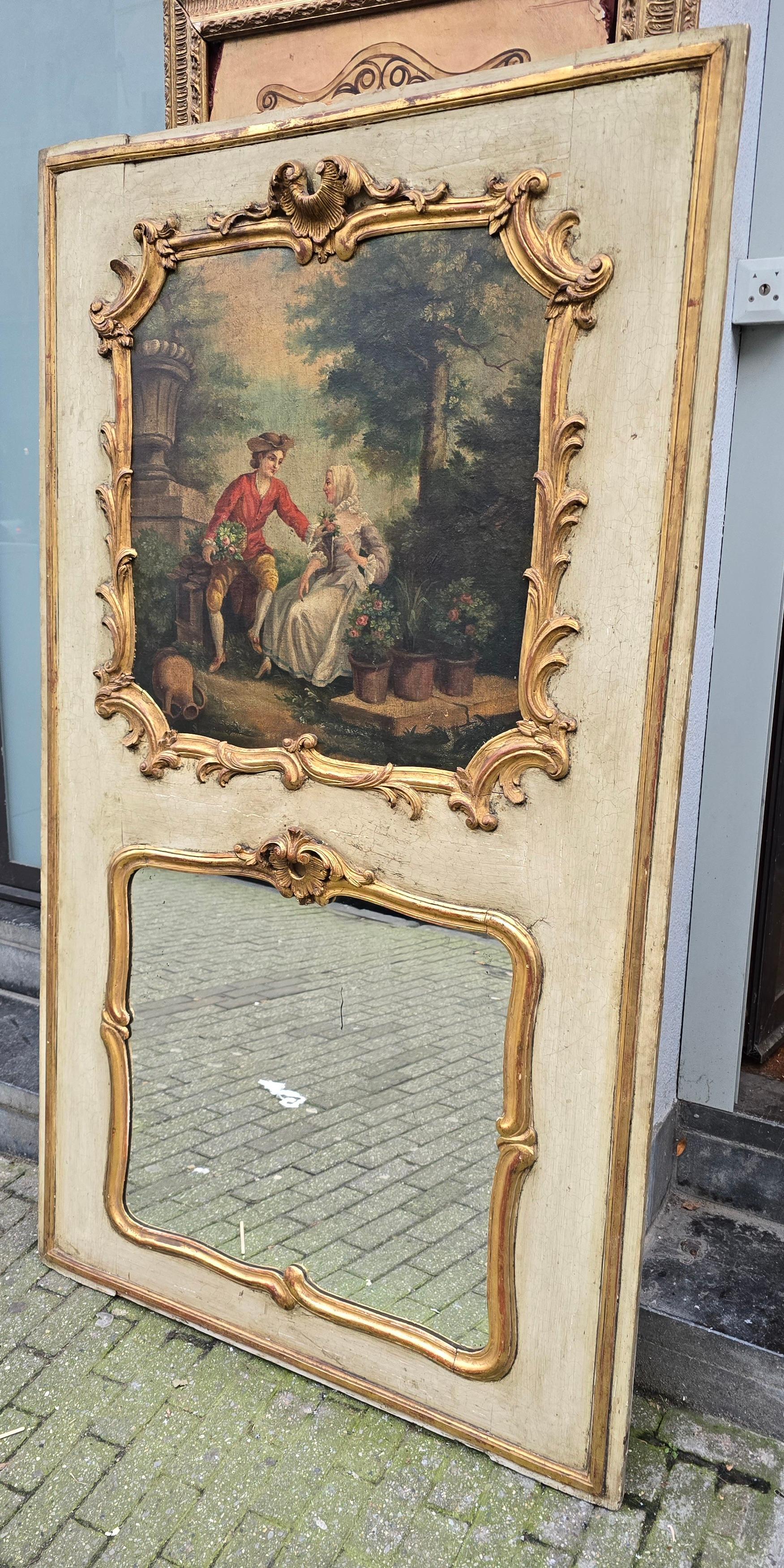 Romantic Antique 18th Century Rococo French Trumeau Wall Mirror with Painting For Sale 3