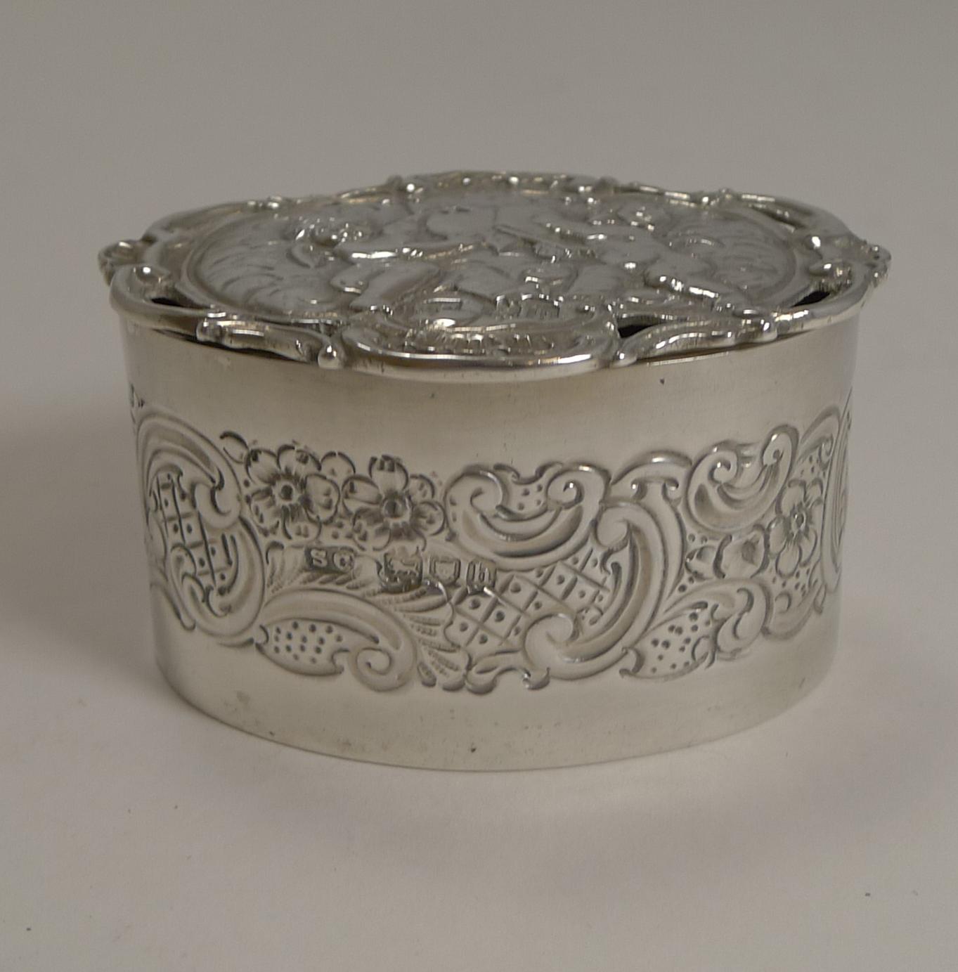 Edwardian Romantic Antique English Sterling Silver Box, Cherubs and Heart