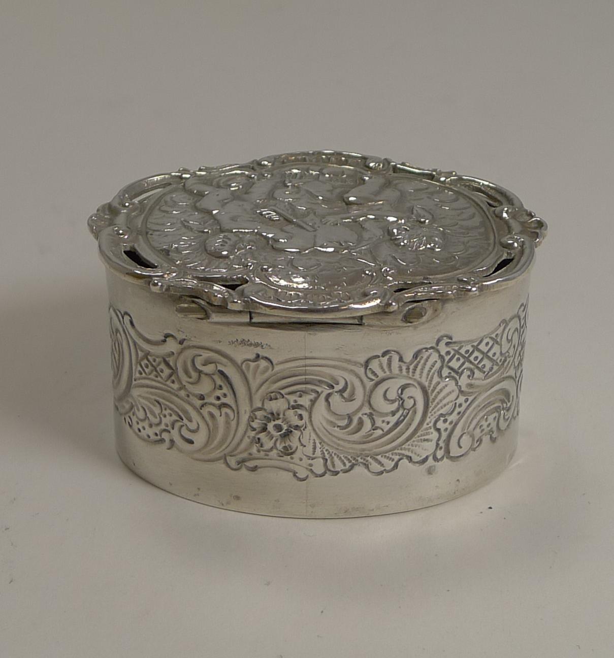 Romantic Antique English Sterling Silver Box, Cherubs and Heart 1