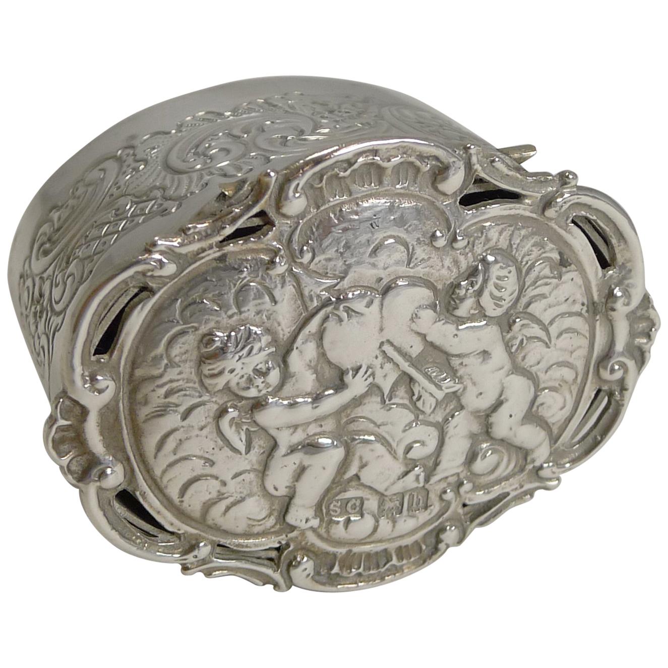 Romantic Antique English Sterling Silver Box, Cherubs and Heart