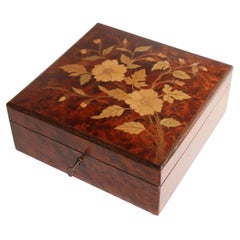 Romantic Antique French Art Nouveau Jewelry Box in Burl Wood & Floral Inlay 1900