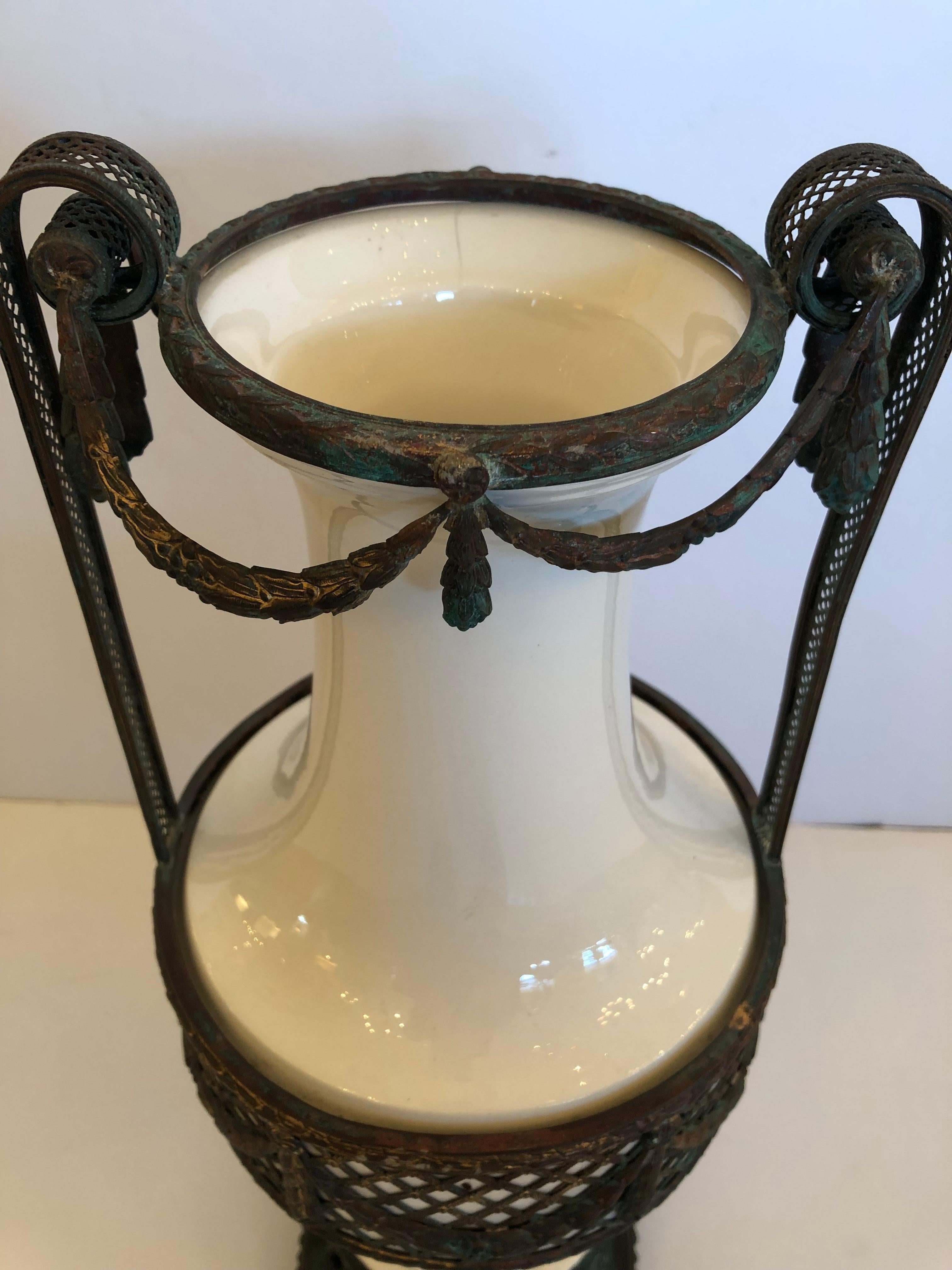 Romantic Antique French White Porcelain Vase with Aged Copper Overlay In Good Condition For Sale In Hopewell, NJ