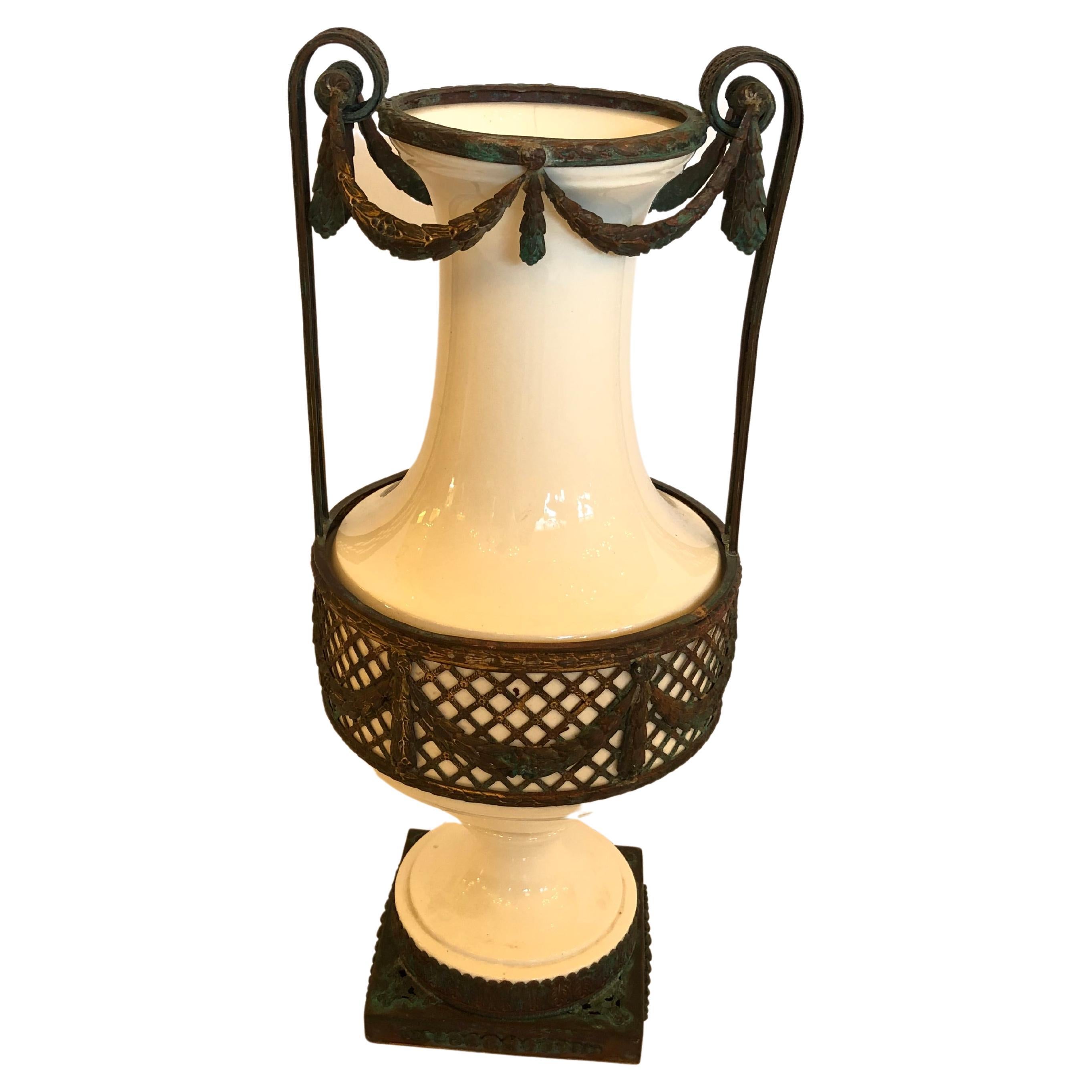 Romantic Antique French White Porcelain Vase with Aged Copper Overlay For Sale